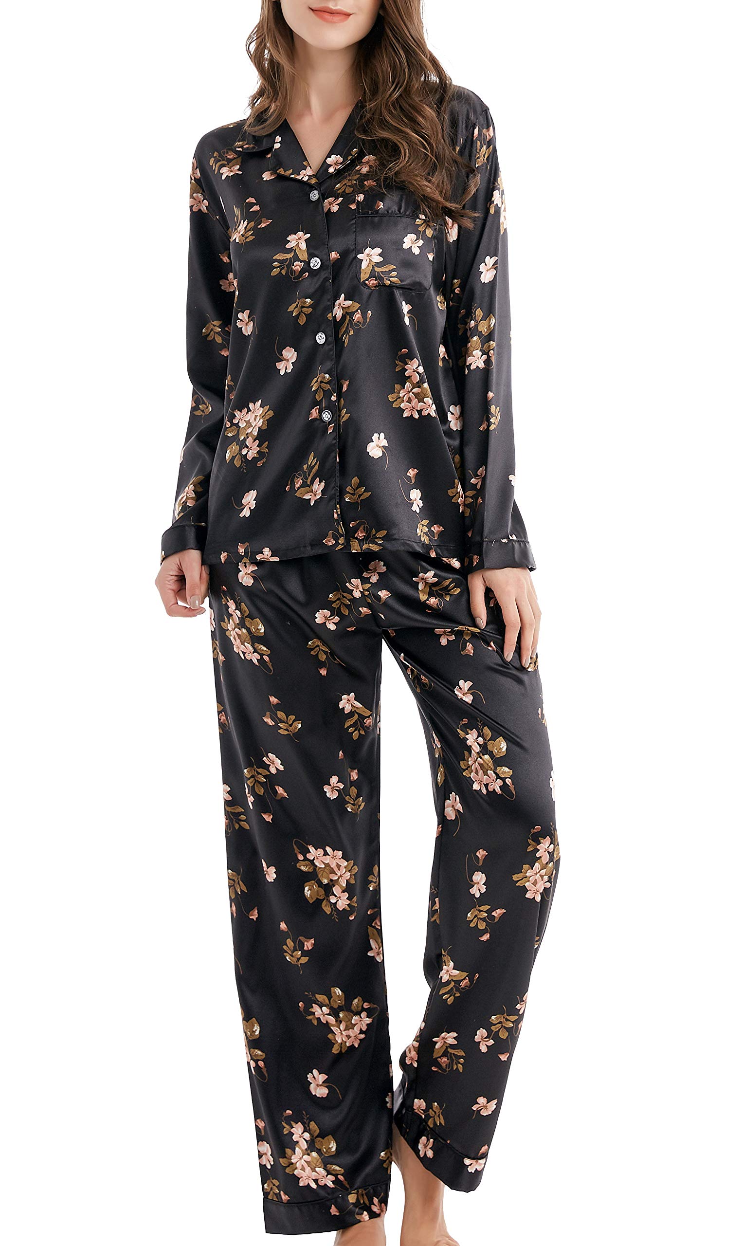 Women's Pyjama Set Satin Long Sleepwear Nightwear Loungewear (Black Flowers, Small)