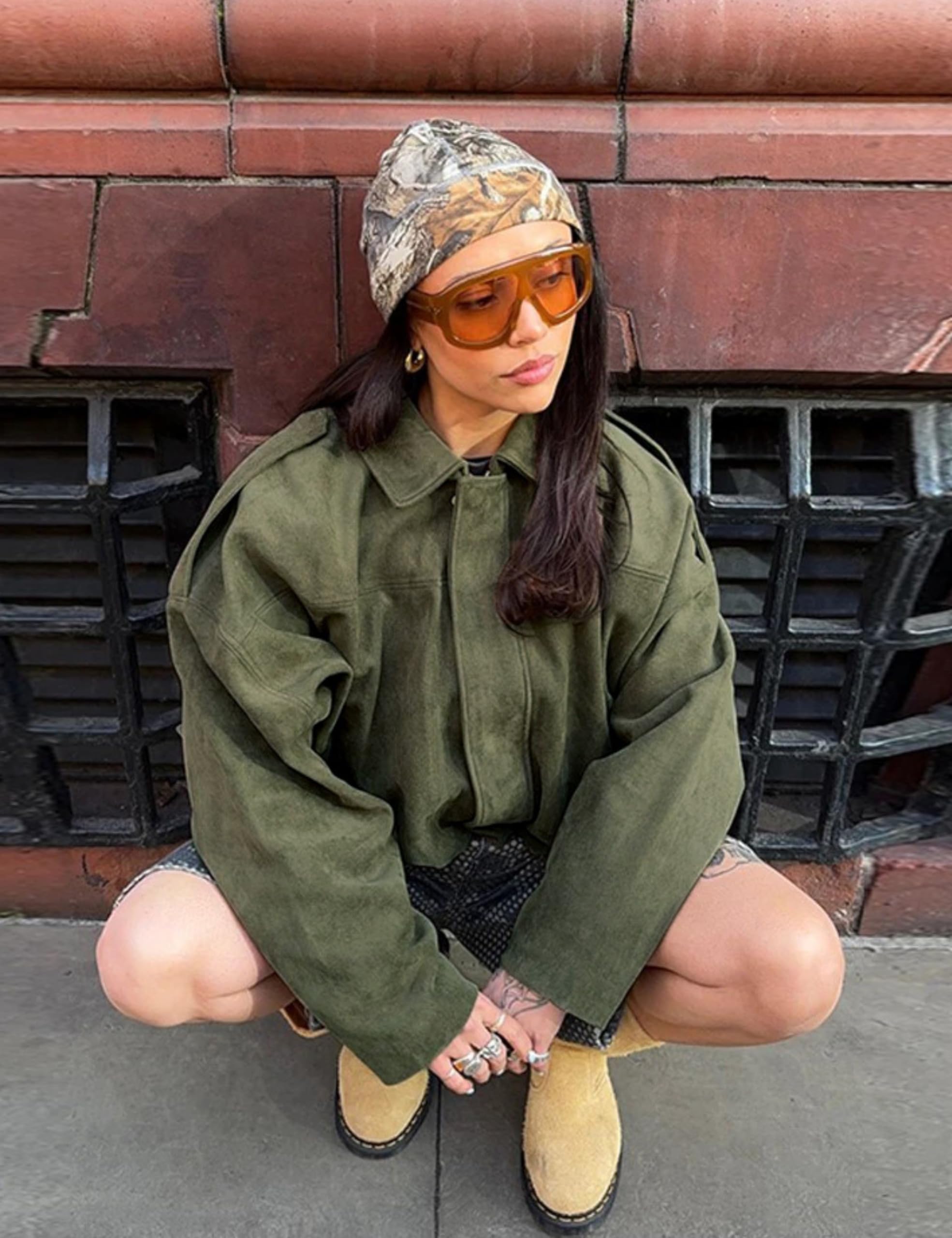 Generisch Chaqueta bomber de ante sintético para mujer, con cremallera, abrigo de piloto con solapa de primavera, ropa de calle casual de manga larga, marrón, M