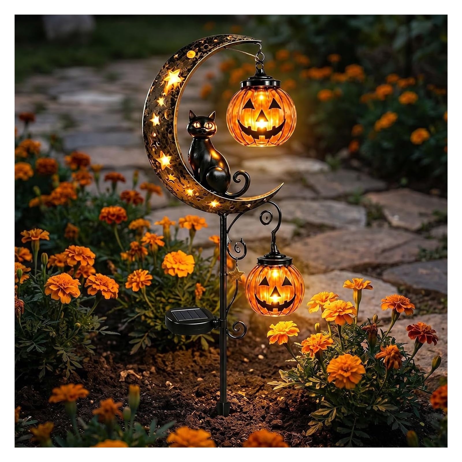 AngloCrate Solar Halloween Black Cat Garden Stake Light, Outdoor Waterproof Solar Light with Cat, Pumpkin & Moon Motifs, Hanging Jack-o'-Lantern Lantern for Patio, Lawn, Yard, Path and Walkway(A)
