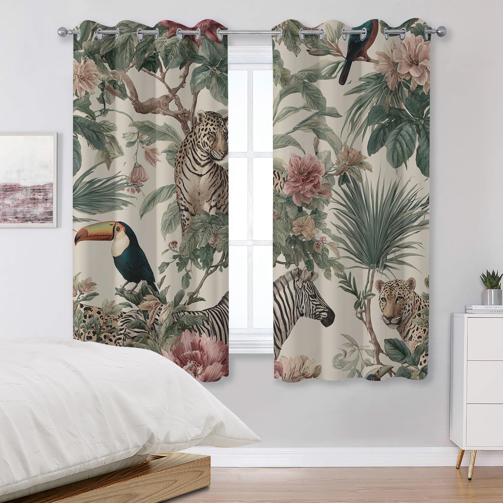 Rideau Occultant Jungle Tropicale, Rideaux Motif Safari Animaux, Rideau Thermique Chambre Salon Fenetre, Fleurs Feuilles de Palmier Lot de 2 Rideaux et Draperies Intérieurs à Oeillets, 140x240cm, yi5