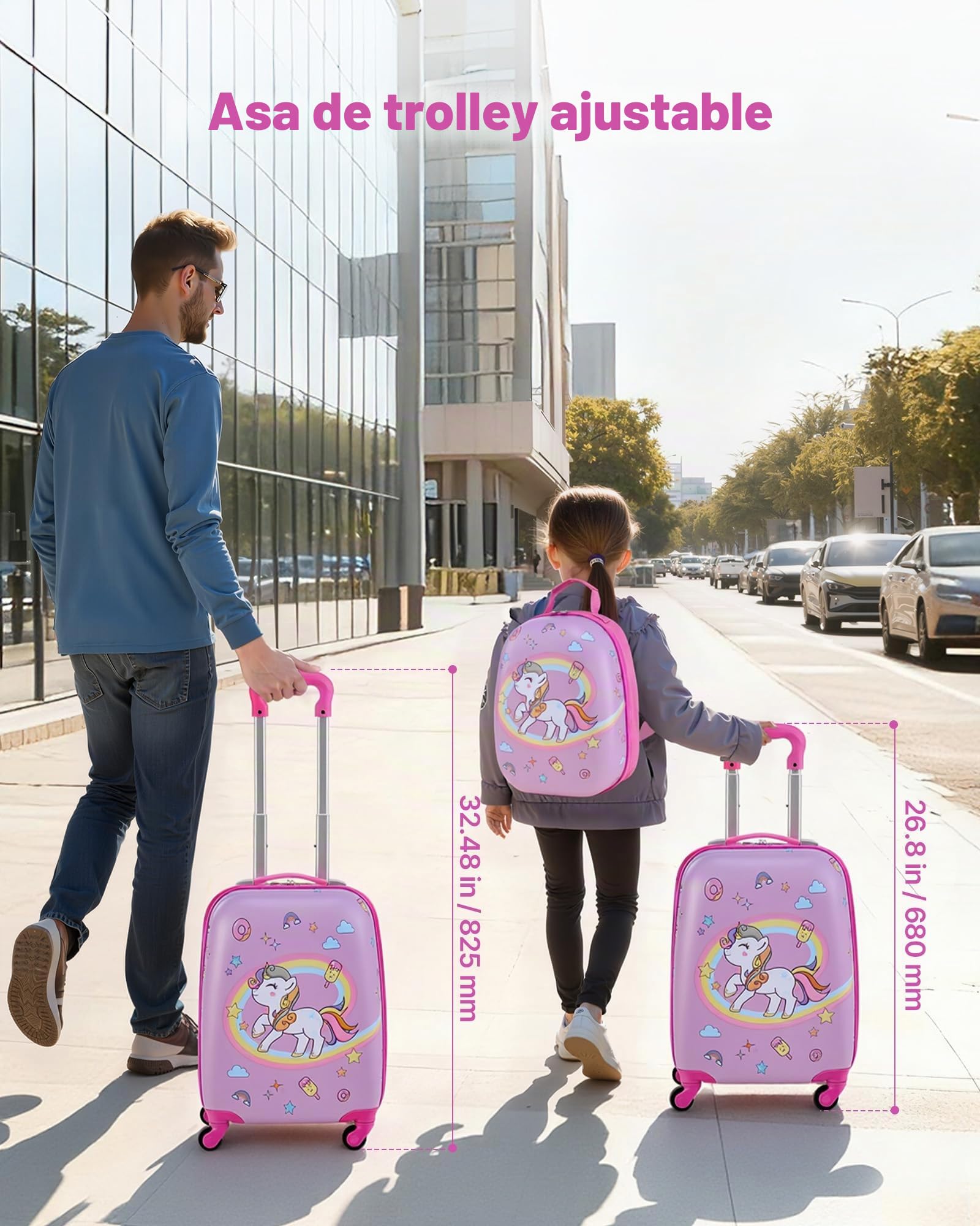 VEVOR Juego de Maletas para Niños 2 Piezas, Maleta de Cabina con Ruedas 45,7 cm Mochila de Carcasa Dura, Patrón Unicornio Rosado, Equipaje Infantil para Escuela Viaje Camping, Aprobado por Aerolíneas
