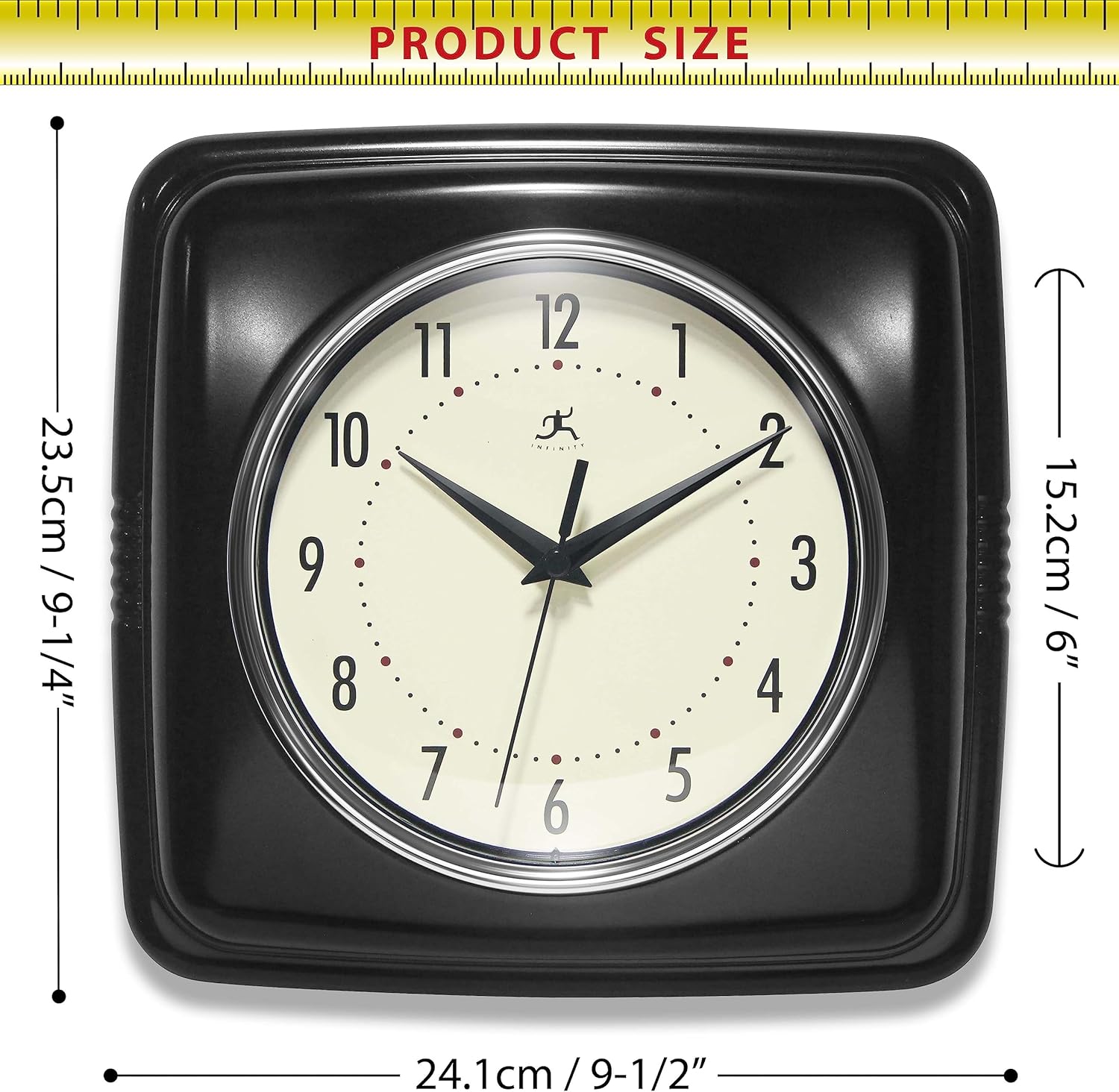 Infinity Instruments Retro Wall Clock - 9 Inch Square Clock - Silent Non-Ticking Mid Century Modern - Kitchen Clock Office Clock Diner Wall Clock - Vintage Wall Clock Decorative - Black