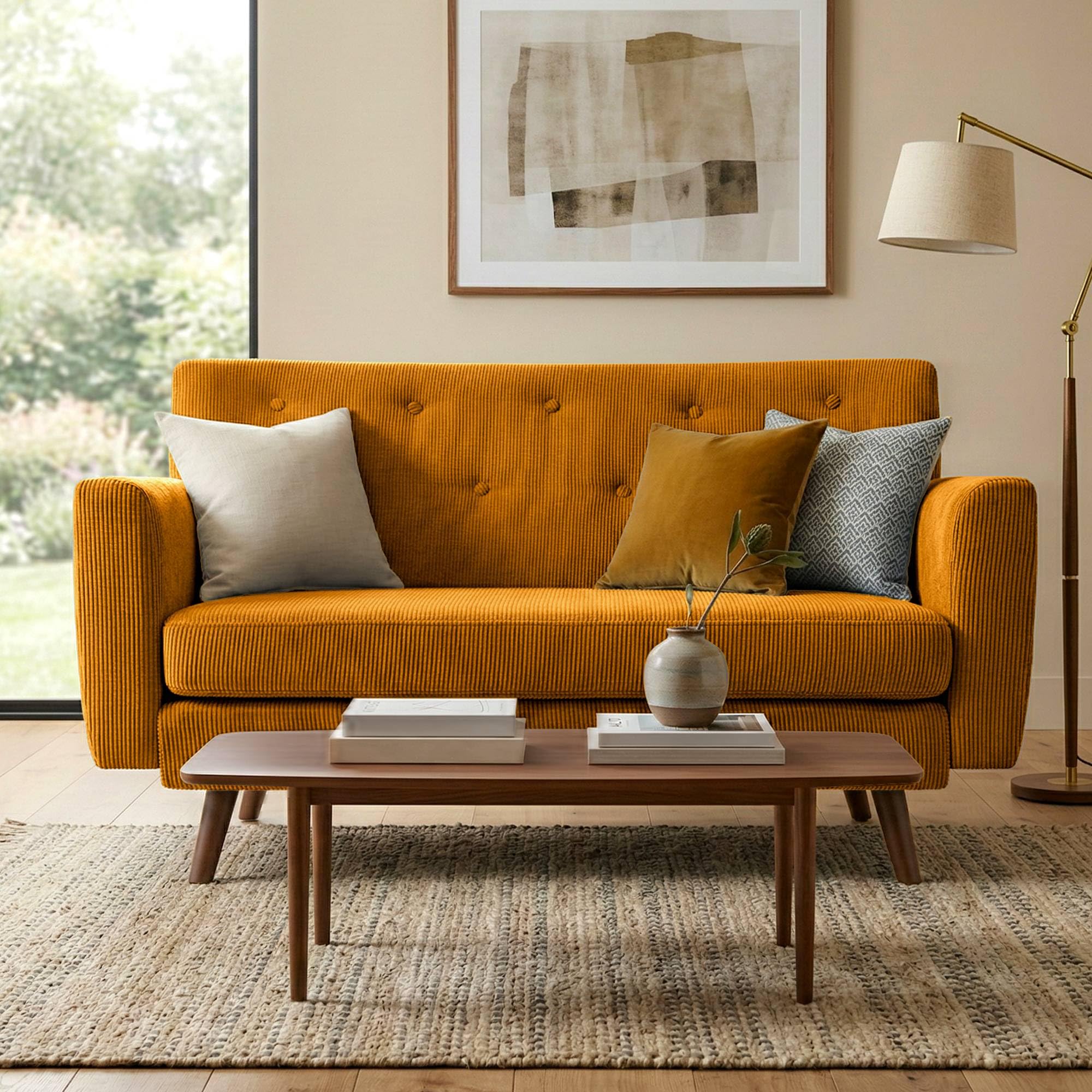 CLP Sofa 2-Sitzer mit Cordbezug Kioni, Couch bequem für Wohnzimmer, komfortabel gepolstert, bis 240 kg belastbar, Beine aus Kautschukholz, Farbe:orange