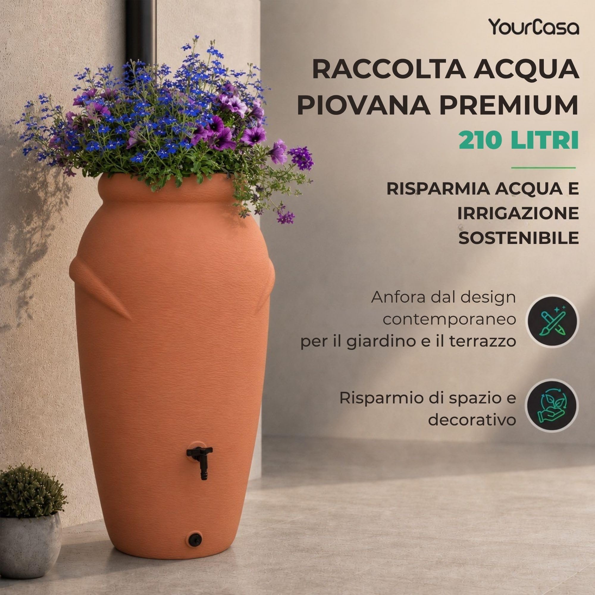 Yourcasa Serbatoio Acqua 210 litri [design anfore] in plastica resistente al gelo – Cisterna acqua piovana con rubinetto – Serbatoio acqua piovana giardino - raccolta acqua piovana (terracotta)