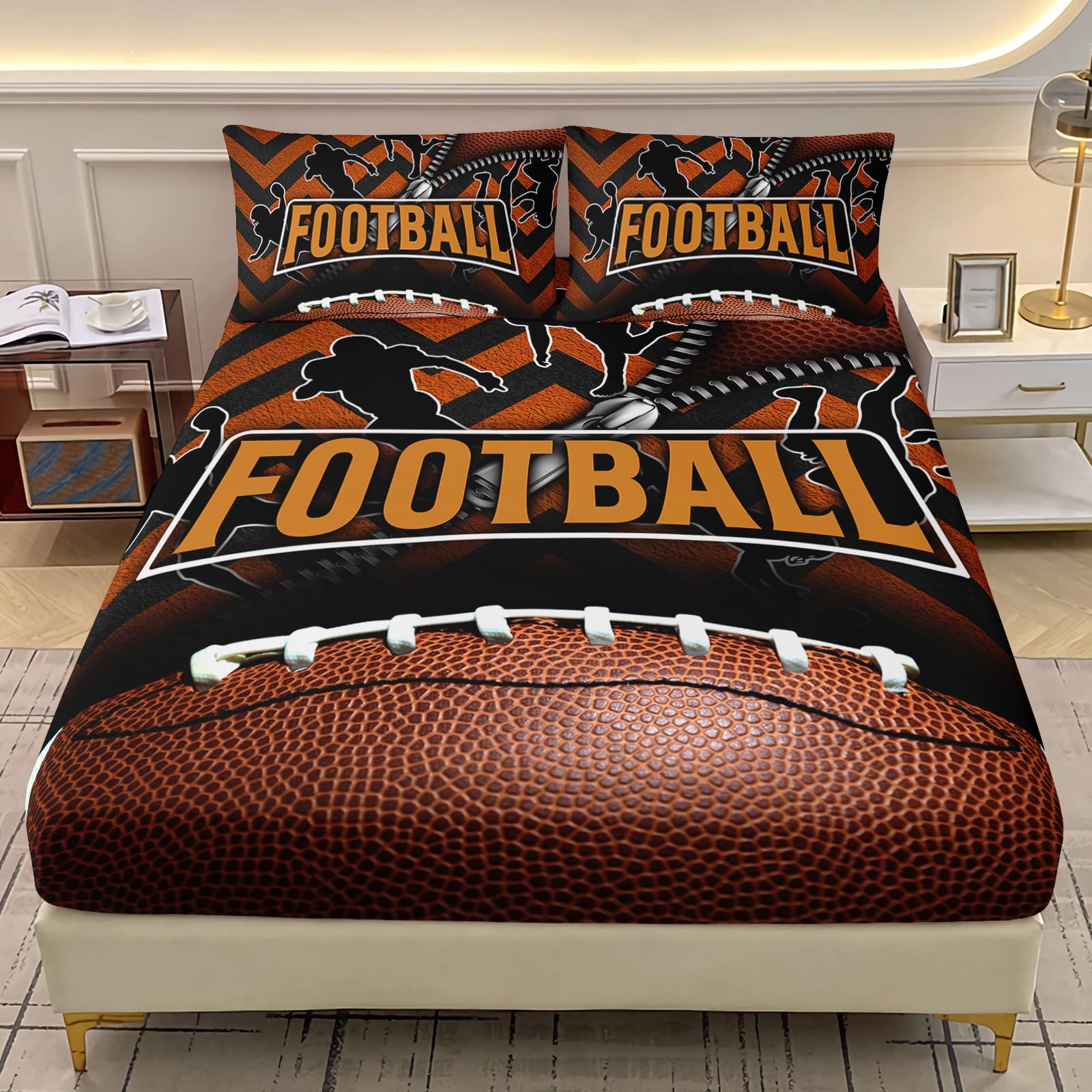 AILONEN American Football Fitted Sheet Set Twin XL Size, 3D Print Rugby Bedding Set for Boys Kids Teens,Ball Sports Theme Bedsheets Set,3-Pieces,1 Fitted Sheet + 2 Pillowcases,Soft Microfiber