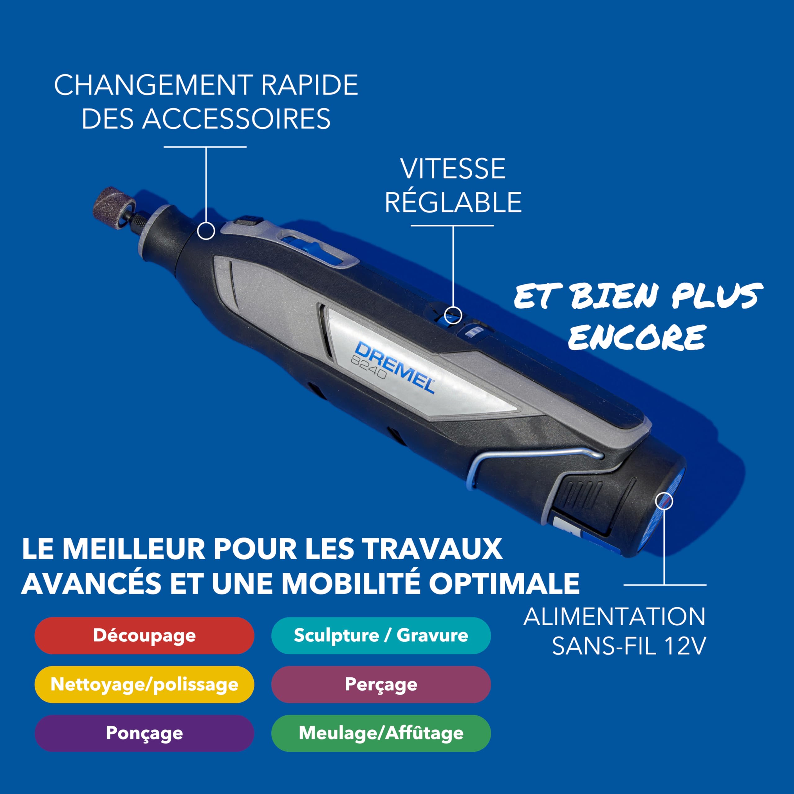 Dremel 8240 5/65 outil multi-usage sans-fil batterie 12V 2Ah, kit outil multi-usage avec 2 Batteries, 5 Adaptations, 1 boîte Platinum, 65 Accessoires