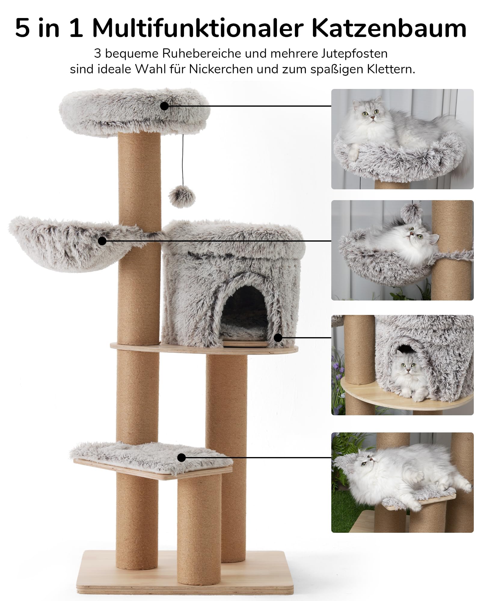 FUKUMARU Kratzbaum für Katzen,155cm Katzenbaum mit sechs 20 cm dicken Kratzsäulen aus Jute, Plüsch-Multi-Level-Katzenkondo abnehmbar, Katzenbaum aus natürlichem