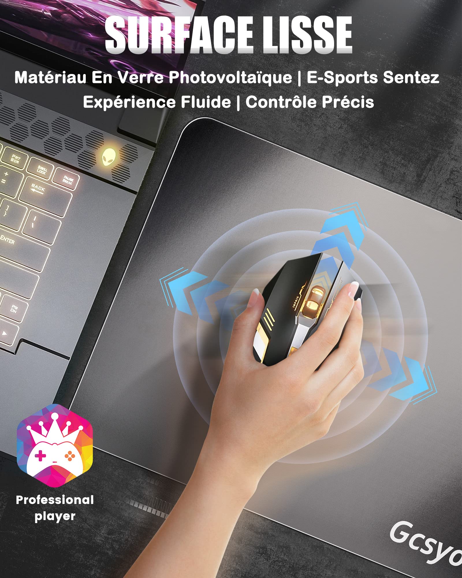 Tapis de Souris de Jeu Professionnel en Verre pour Logitech G502/G PRO/G703, Grand Tapis de Souris antidérapant pour Gamer avid, Surface en Verre spéciale avec précision et Vitesse améliorées pour Un