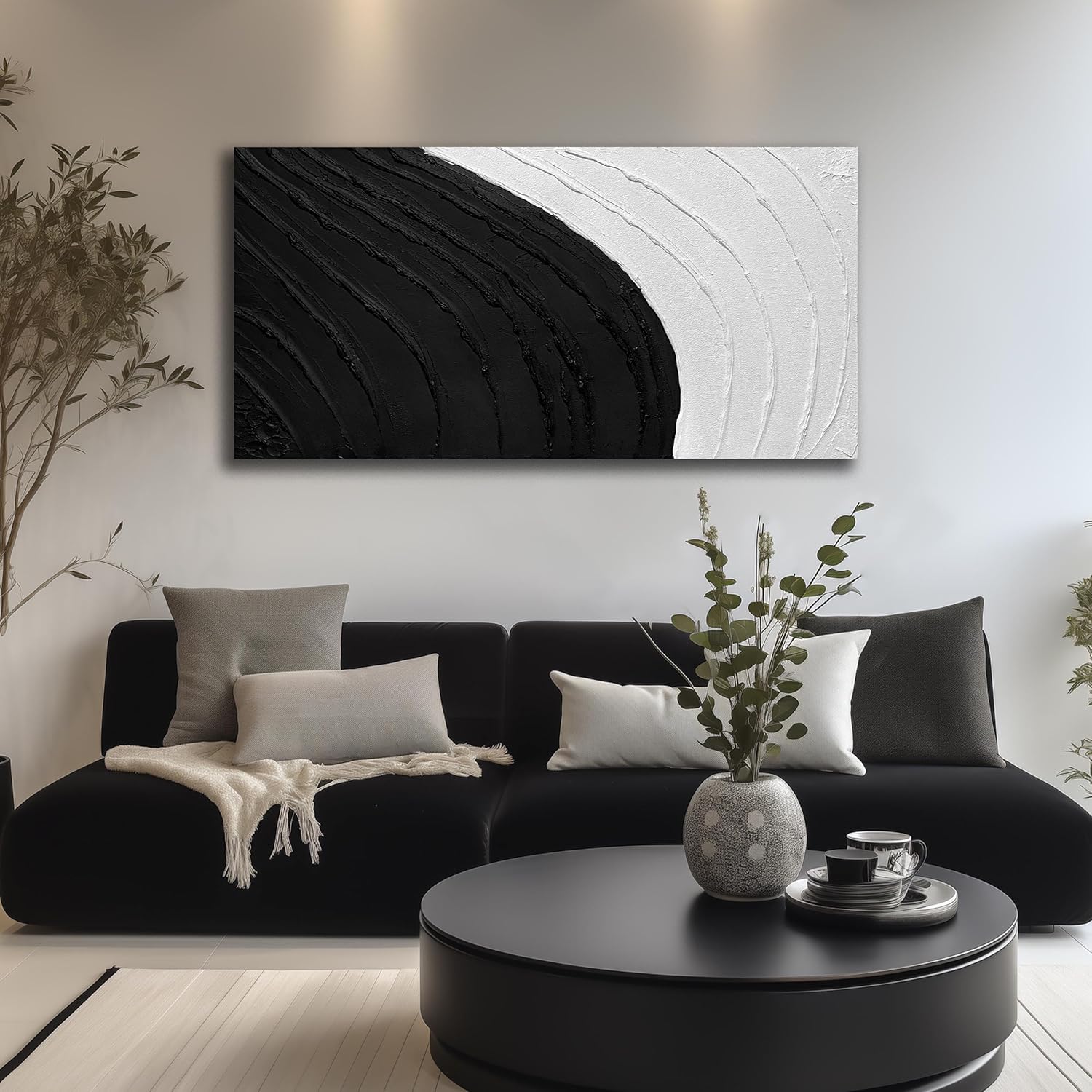 SKYRISE Large Abstract Textured Black & White Canvas Wall Art - Modern Minimalist 3D Painting, 100% Handmade Neutral Decorative-Picture Wall-Decor Artwork for Living Room/Bedroom, Size 47x24 inches
