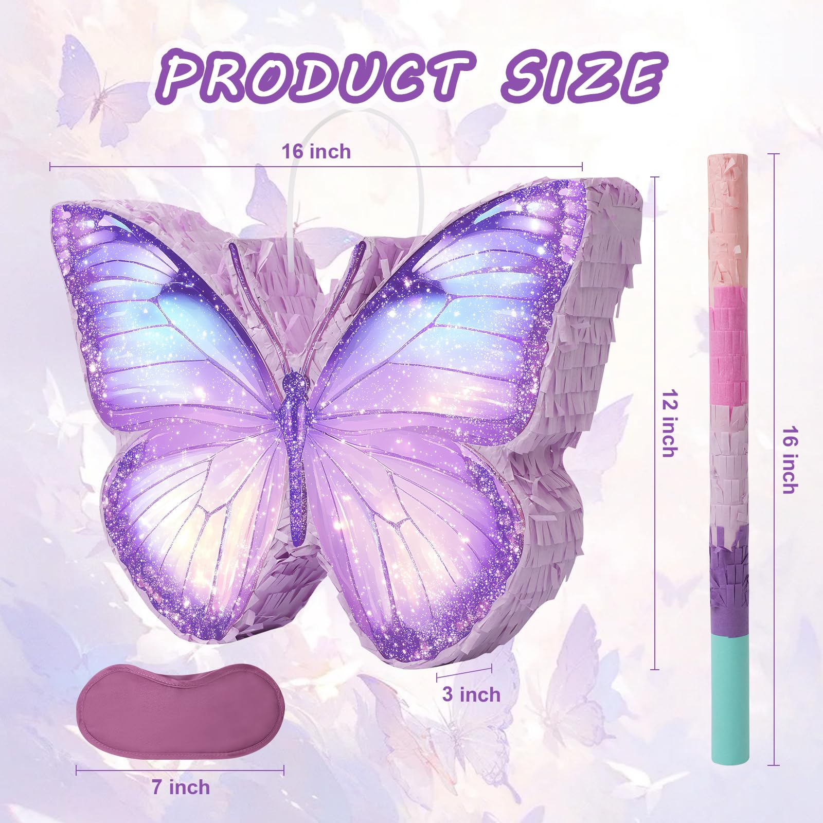 Butterfly Piñata - Purple Butterfly Piñata with Bat and Blindfold for Girls Kids Purple Themed Birthday Party Game Decorations (16”x11.5”x3”)