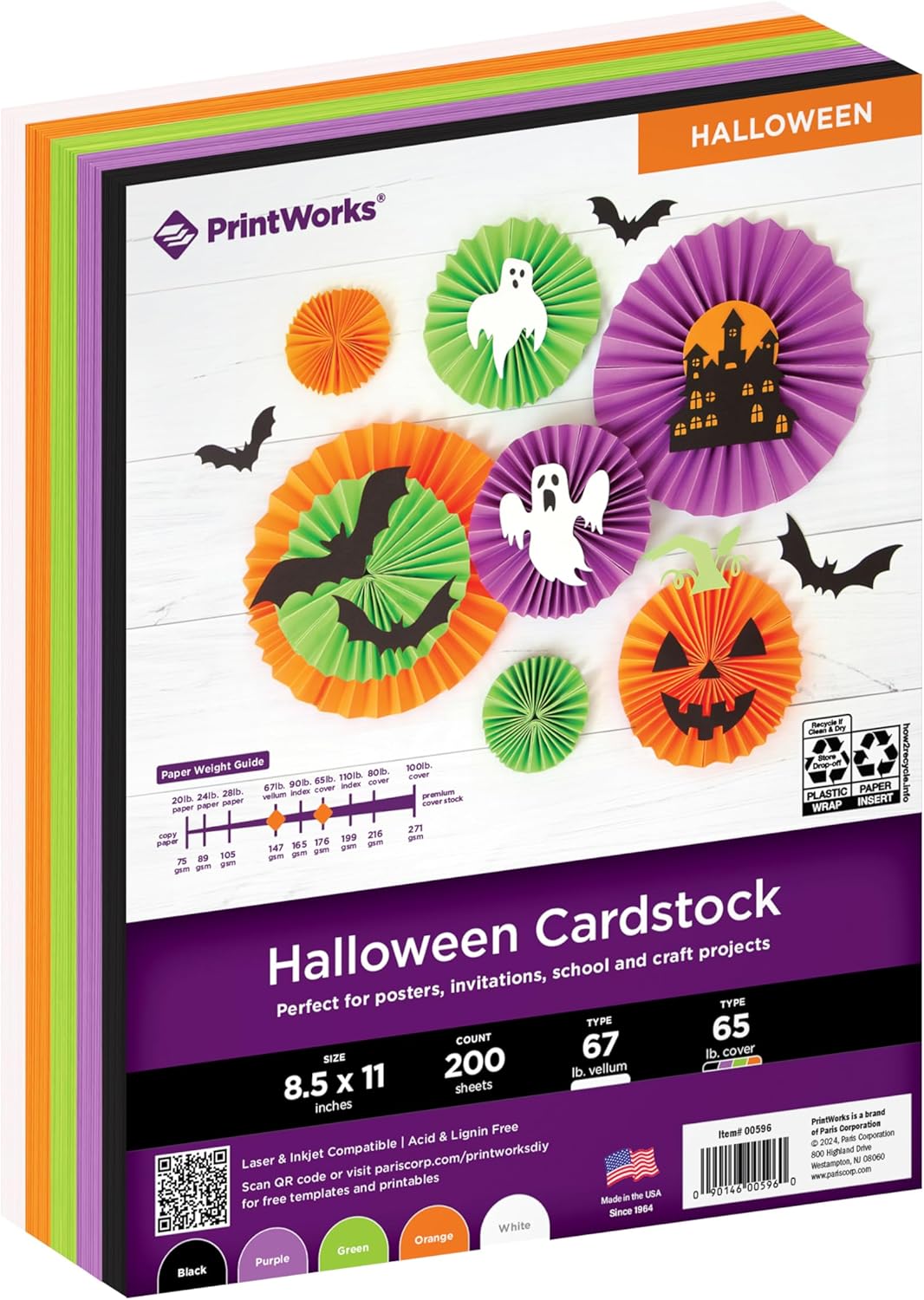 PrintWorks Halloween Cardstock 8.5" x 11" - 200 Sheets - 5 Assorted Colors - Ideal for School & Craft Projects - 67 lb/147 gsm & 65 lb/176 gsm - Made in the USA (00596) Black, Purple, Green, Orange, White