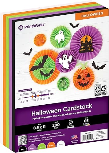 Printworks Cartulina de Halloween, 5 colores surtidos, perfecta para proyectos de escuela y manualidades, 200 hojas, 8.5 x 11 pulgadas (00596)
