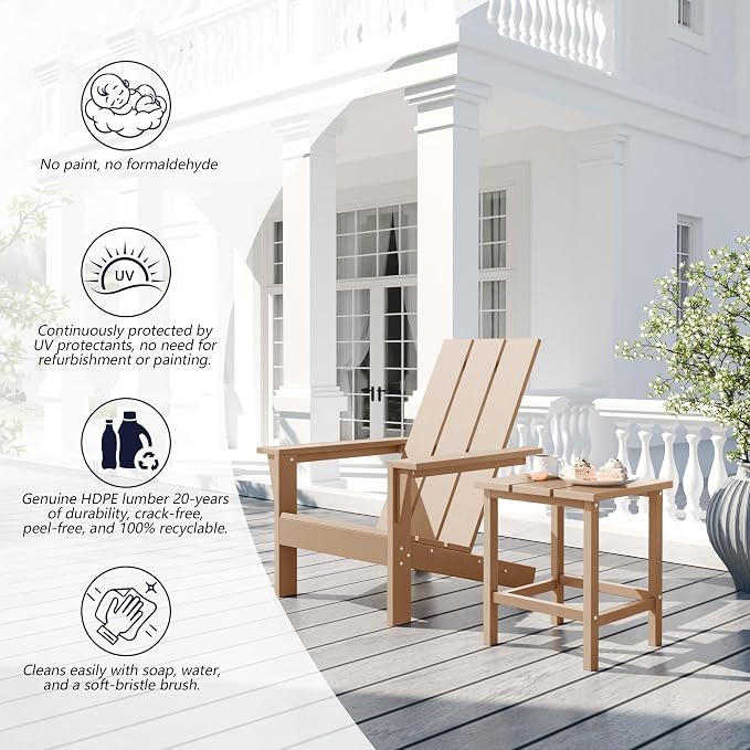 Kullavik Adirondack Chairs Set of 2 with Side Table, HDPE All-Weather Patio Chairs, Outdoor Lawn Chairs for Garden Backyard Porch Pool Deck Firepit, Teak
