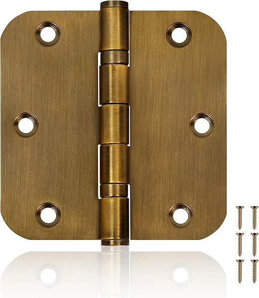 6 Pack 3.5 Inch Heavy Duty Stainless Steel Ball Bearing Door Hinges - Non-Removable Pin with 5/8" Rounded Corners for Interior & Exterior Doors (Brass)