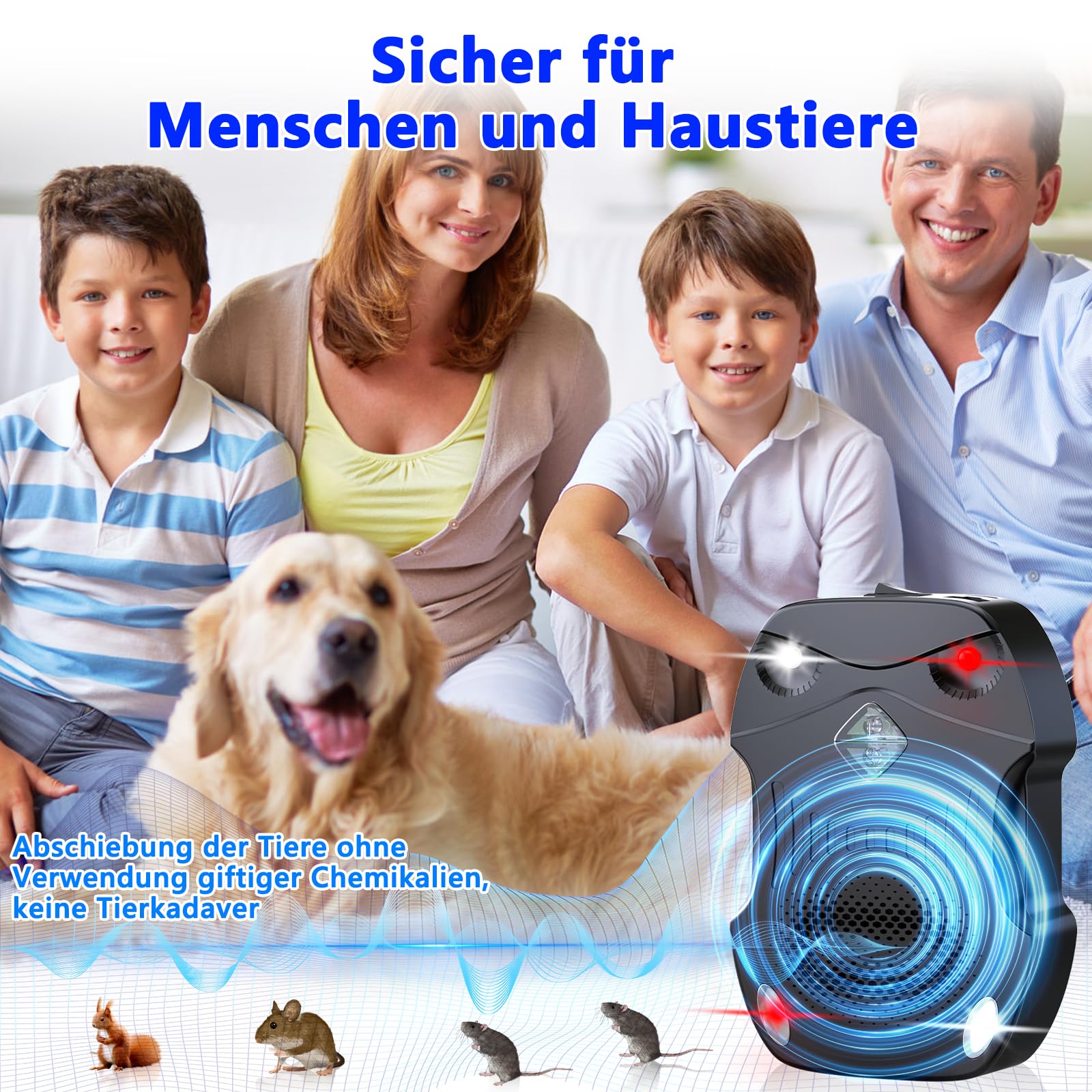 Marderschreck Auto 50-80 ㎡ | 3-IN-1 Stromversorgung AA-Batteriebetrieben & Autobatterie & USB | mit Ultraschall & Blitzlicht | Marderabwehr Auto, Haus, Dachboden, Garten (2-Pack)