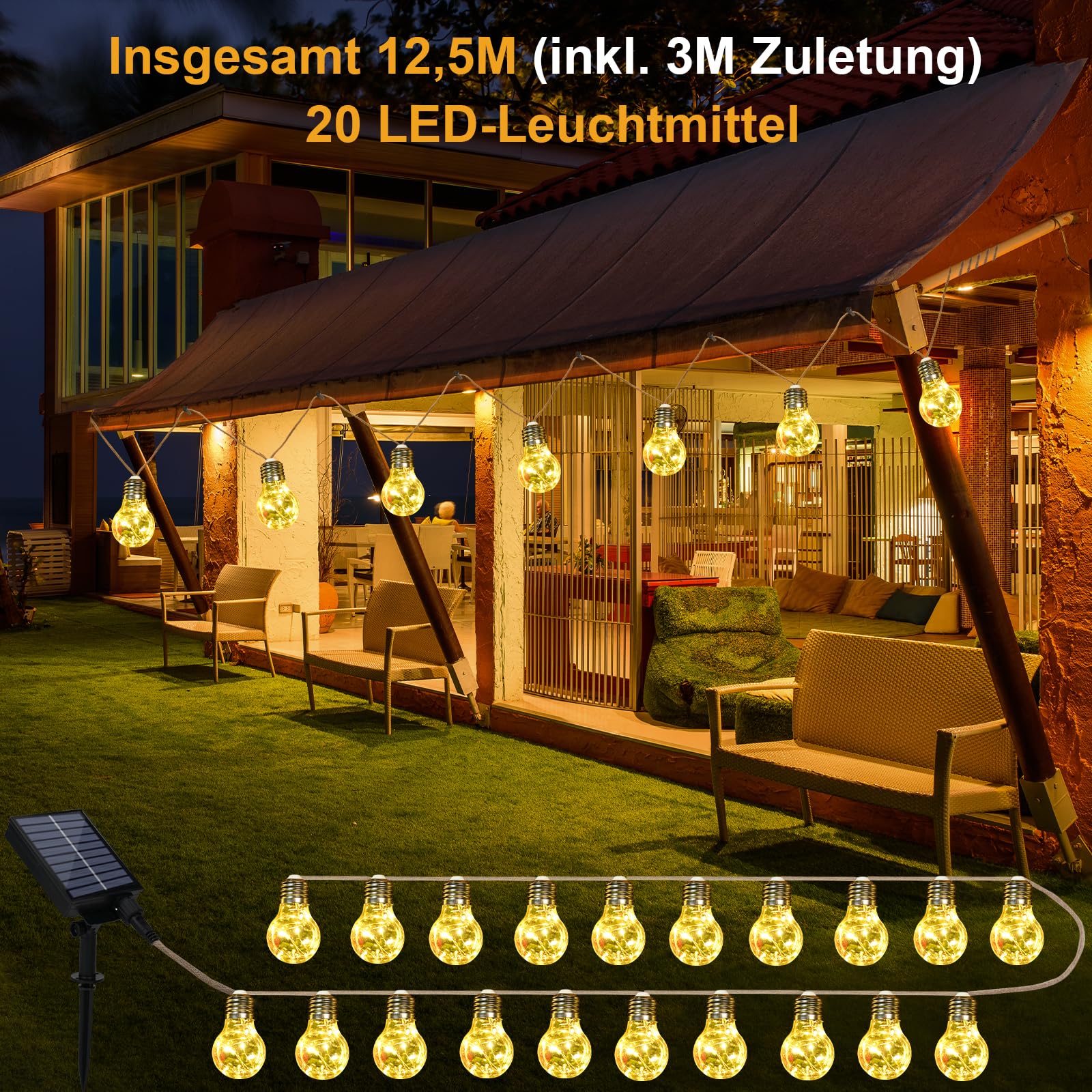 Goffii Solar Lichterkette Aussen Mit 20 Glühbirnen 12.5M Lichterkette Außen Wetterfest Warmweiß mit 8 Modi Memory-Funktion Timer für Vintage Deko Gärten Terassen Hochzeiten Balkon Party Hochzeit