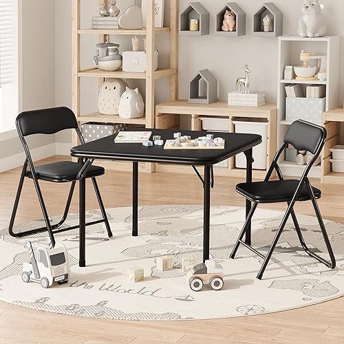CuisinSmart Juego de 3 mesas y sillas plegables para tarjetas, mesa cuadrada portátil con 2 sillas acolchadas, sillas y mesas plegables para el
