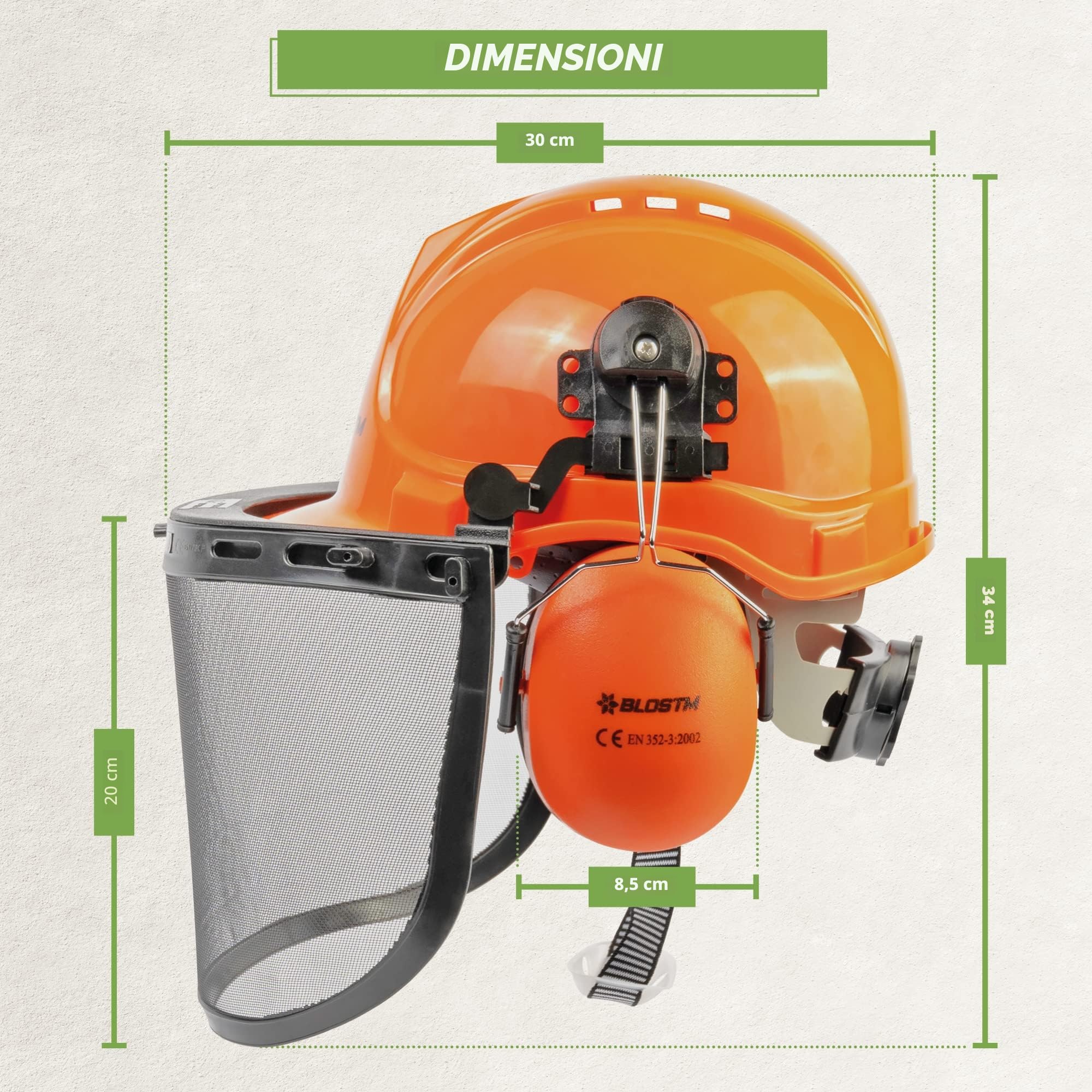BLOSTM Casco di Sicurezza - 3 in 1 Casco Forestale Arancione con Visiera in Rete d'Acciaio e Cuffie di Protezione dell'Udito, Elmetto Resistente Agli Urti