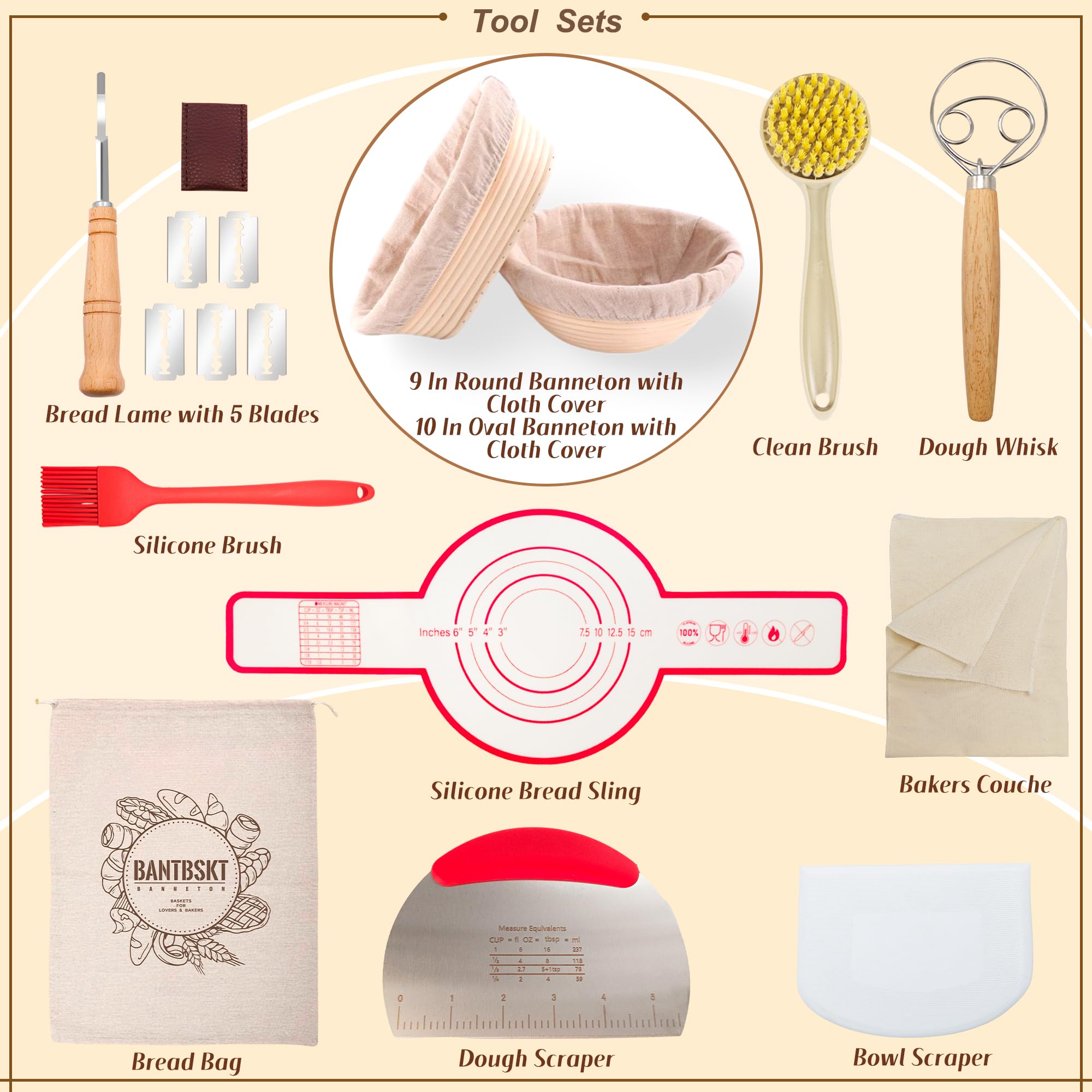 Banneton Bread Proofing Basket Set, Sourdough Starter Kit, 10'' Oval & 9'' Round Proofing Baskets with Full Set of Bread Making Kit, Sourdough Bread Baking Supplies, Baking Gifts