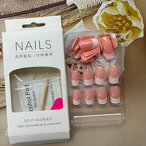 Miniatura 6 de Uñas postizas a presión de punta francesa, uñas postizas cuadradas medianas, uñas postizas rosas con diseños de punta blanca, uñas con pegamento,