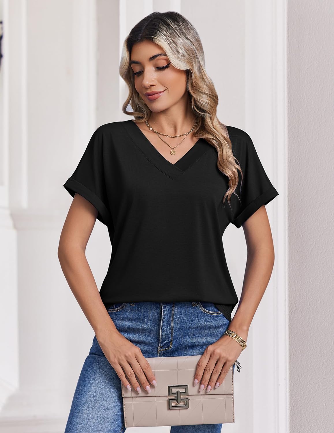Zeagoo Womens Summer Tops Rolled Short Sleeve V Neck Shirts Casual Dressy Business Work Blouses Outfits - Image 5