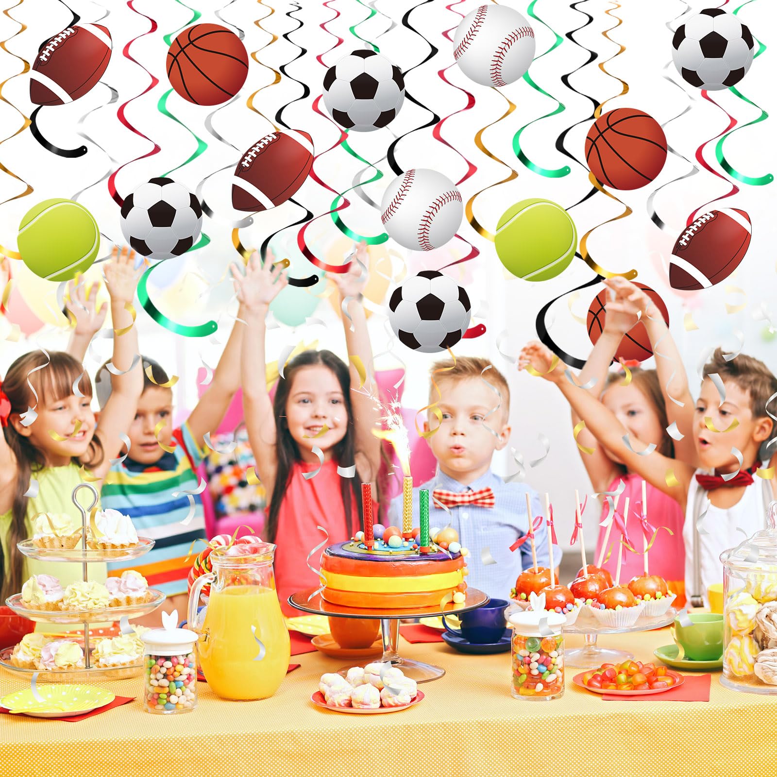 Dianelhall 60 Decoraciones Remolinos Colgantes de Fiesta Deportiva Serpentinas de Techo con Recortes de Pelota de Baloncesto Fútbol Béisbol Tenis Fútbol Americano Cumpleaños con Tema Deporte
