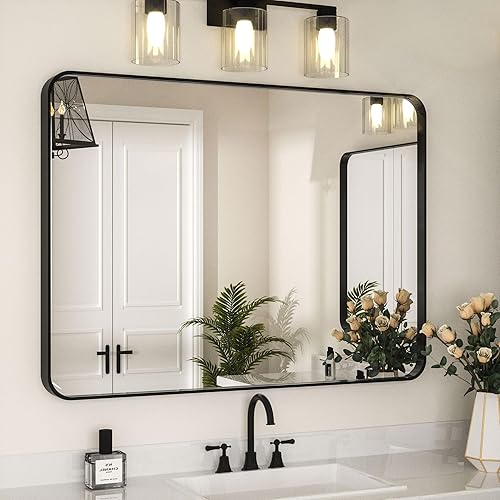 Wansi Shine Espejo negro de 40 x 30 pulgadas para pared, espejo de tocador de baño, con marco de textura acanalada de aleación de aluminio que no se
