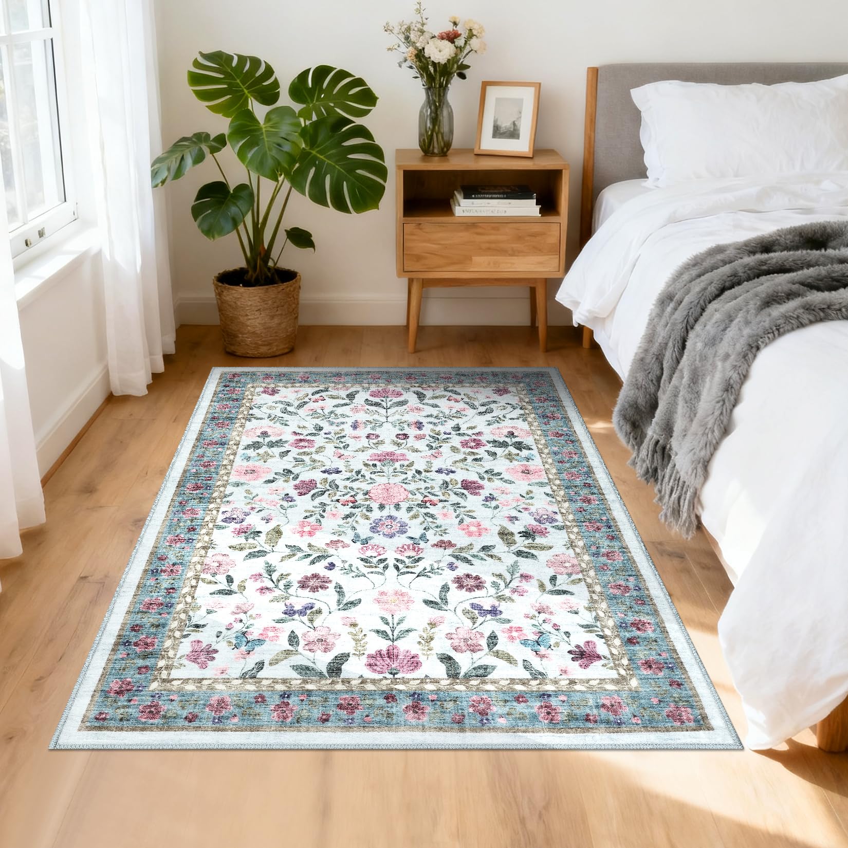 CAROMIO Blue Floral Rug Bedroom 80 x 150 cm, Washable Bedside Area Rugs, Foldable Farmhouse Carpet for Kitchen, Non-Slip Indoor Floor Mat for Entrance Hallway — image 1