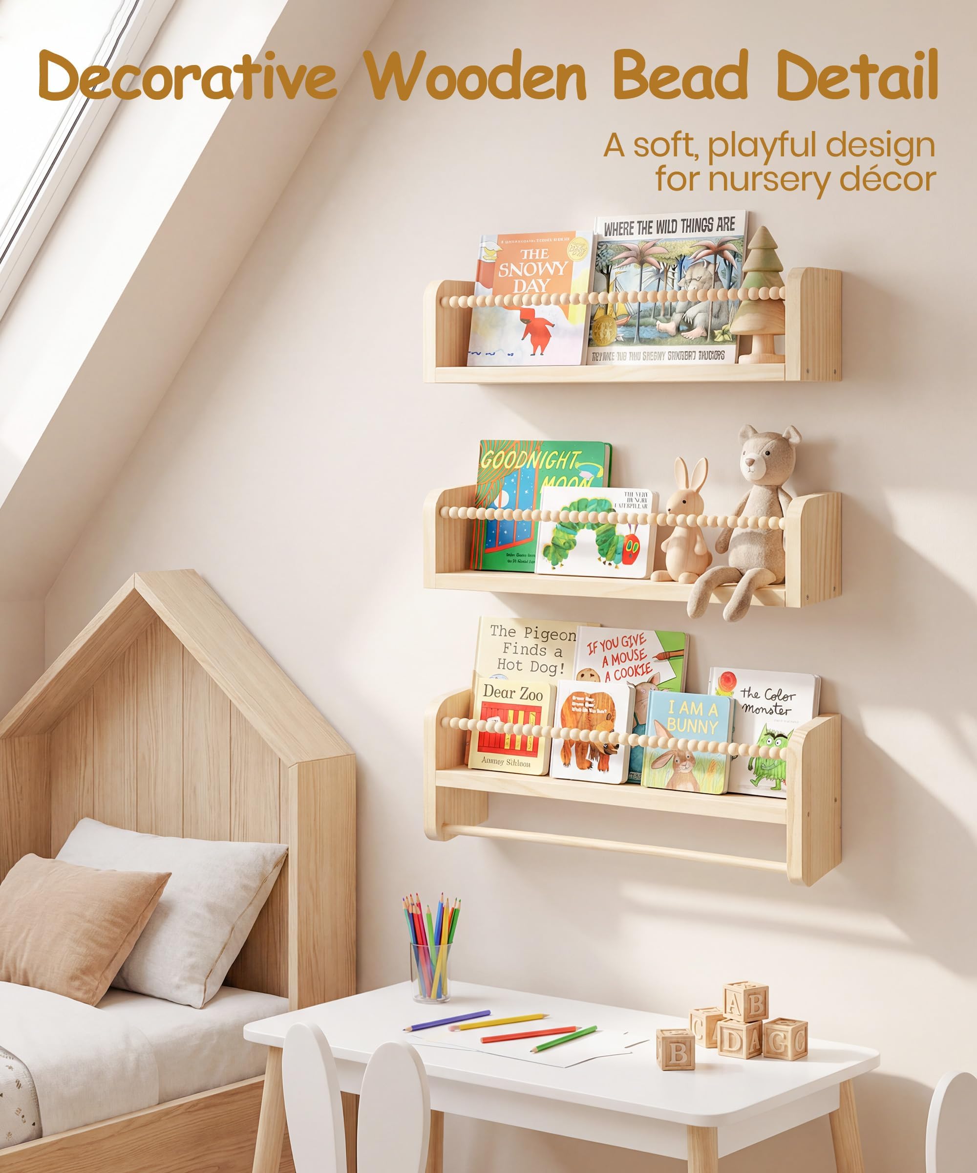 Estantería de pared de madera para habitación de los niños, juego de 3 estanterías flotantes, estantería de almacenamiento para niños, baño y sala de estar