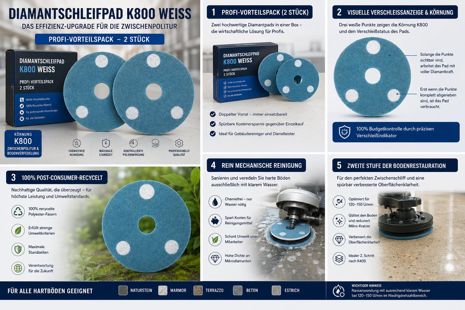 Profi Diamantpad K800 Weiß (2er Vorteilspack) – Blaues Diamantschleifpad für Einscheibenmaschinen | Zur Zwischenpolitur & Veredelung von Beton & Hartböden | Erhältlich in 13", 16", 17" & 20" (13 Zoll)