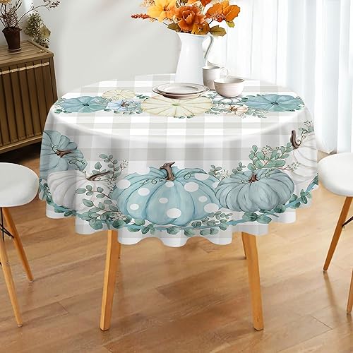 Miniatura 3 de Mantel redondo de otoño de 70 pulgadas, decoración de otoño de calabazas para mesa, calabazas azules resistentes al agua, decoración de mesa de