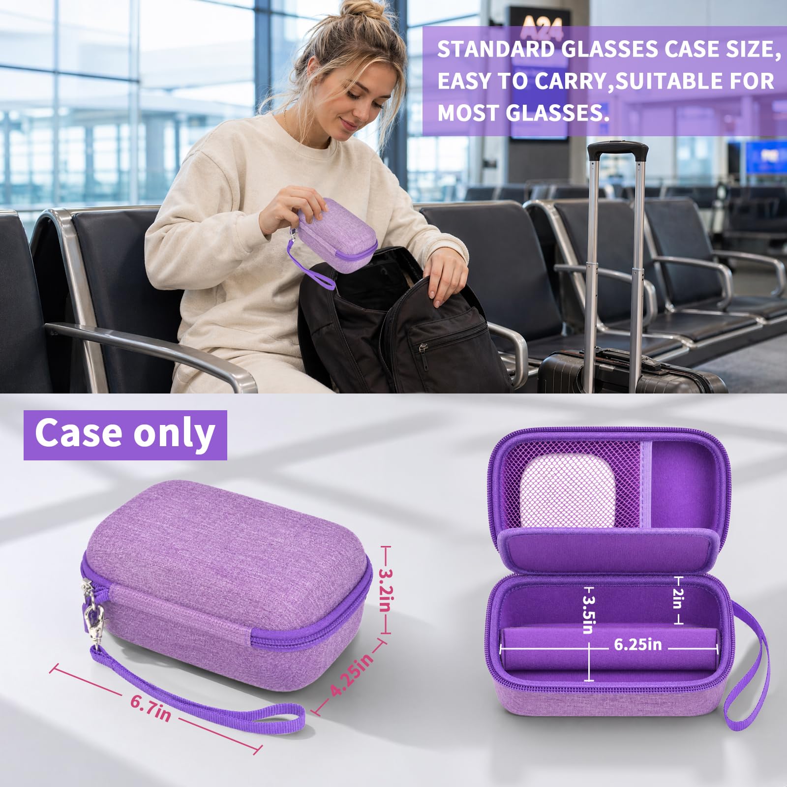 GWCASE Organizer per occhiali da viaggio e custodia per lenti a contatto, slot regolabili, specchio integrato, pinzette, bottiglia per soluzione e cinturino da polso, universale, adatto per ciglia