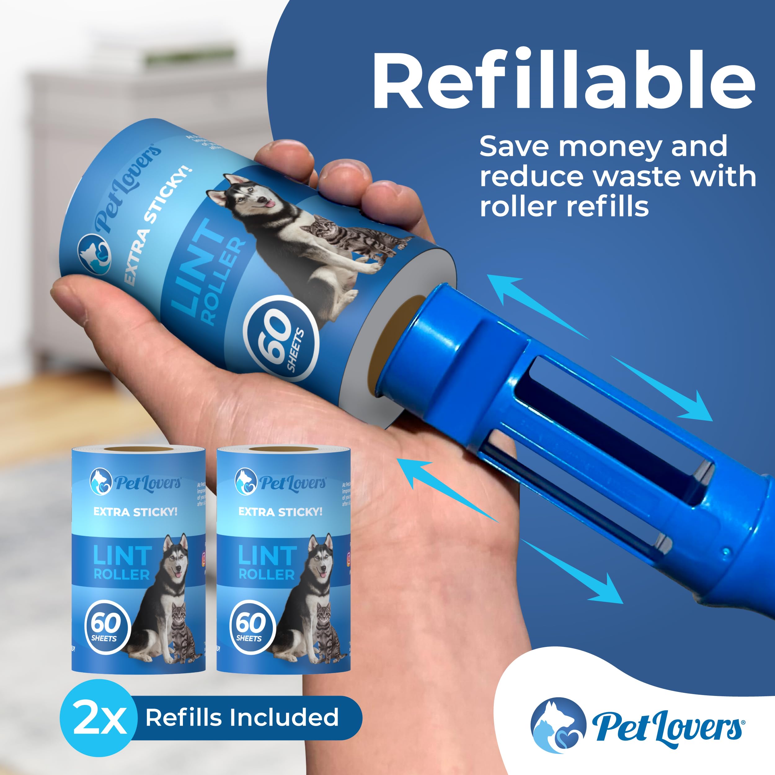 PetLovers Extra Sticky Lint Roller Value Set 240 Sheets for Pet Hair Removal Dog and Cat Lint Remover 4 Pack (2 Rollers and 2 Refills) - Image 4