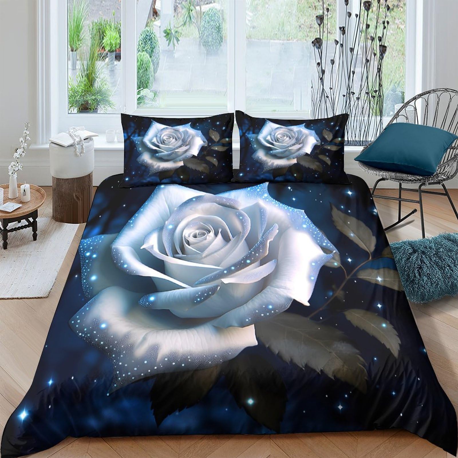 Ctjqhvkz Style-2 3D Printed Silver Rose Fitted Sheet Microfiber Anti-Slip Blue Floral Bed Sheet For Bedroom Guestroom Decor Single（135X200cm）