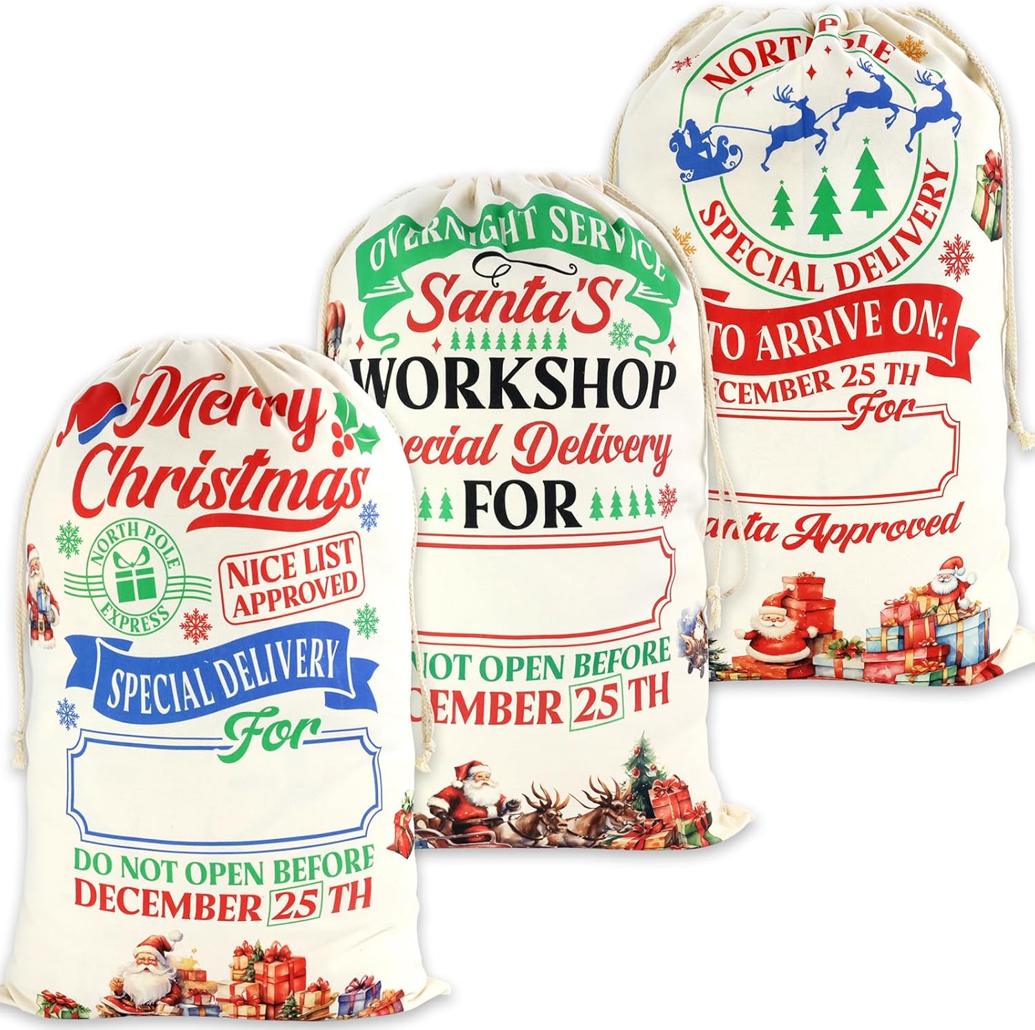 Fancy Land 3 Pack Large Christmas Canvas Gift Bags with Drawstring Jumbo from Santa Sacks Giant North Pole Express Bag for Holiday Presents Party Decor Supplies