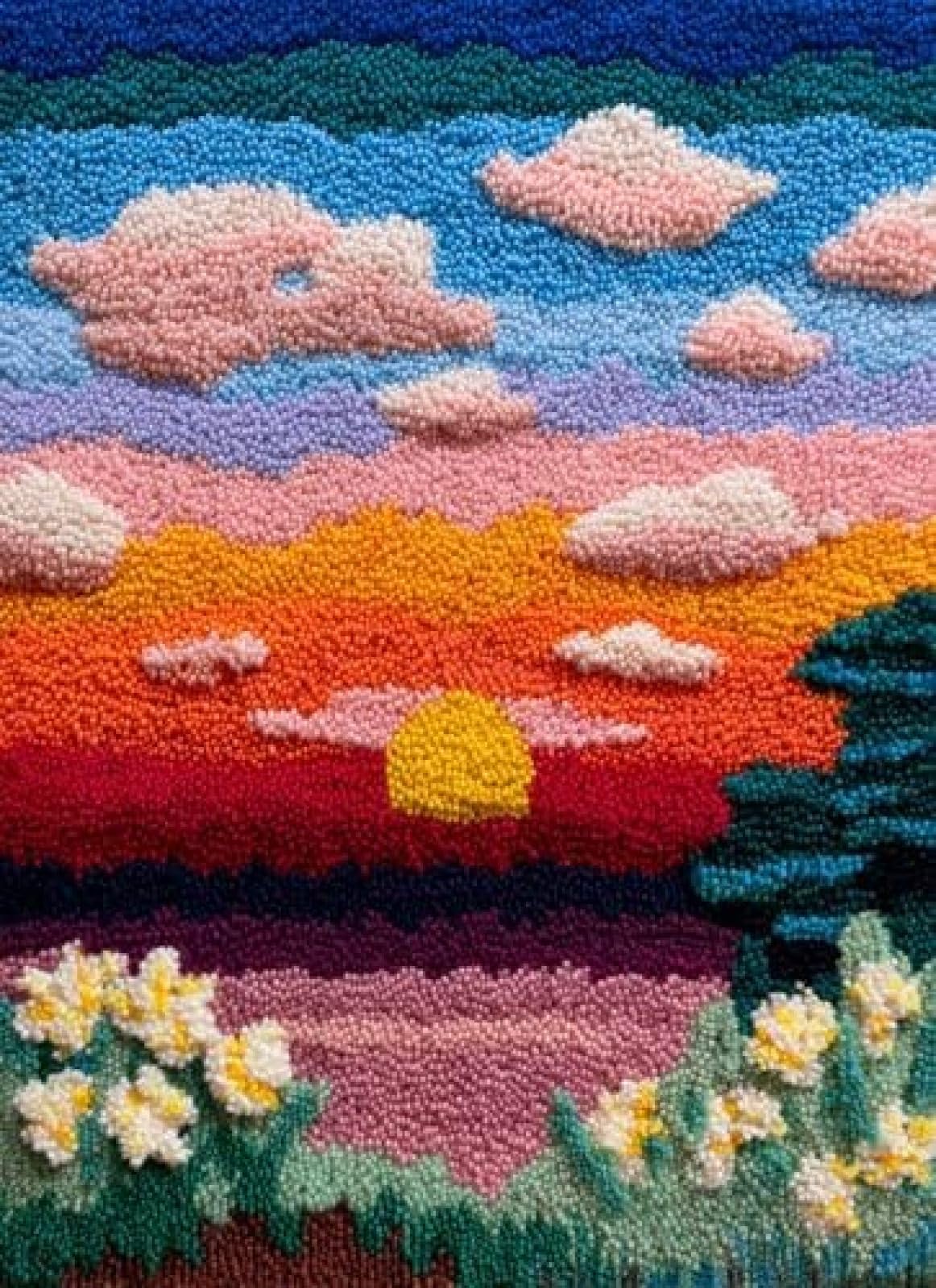 XDEGHUANGSS Latch Hook Rug Kit Evening Primrose Flowers and Sunset with Pre-Printed Mat Cover DIY Cushion Crochet Yarn Hooking Craft Set for Floor Decor 38x52cm
