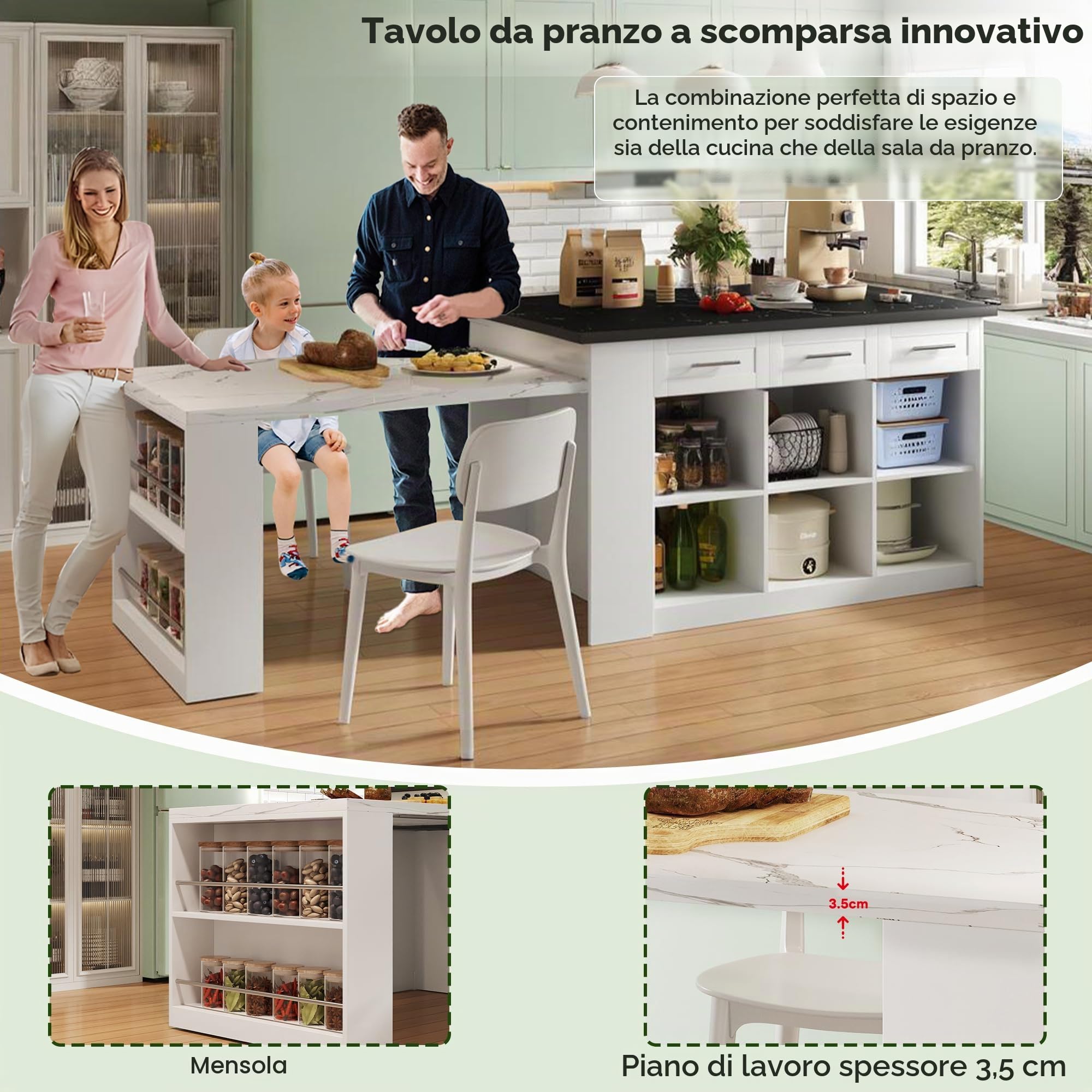Isola da cucina multifunzione 150+96 cm, tavolo da pranzo allungabile bianco, piano marmorizzato nero/bianco, armadietti integrati