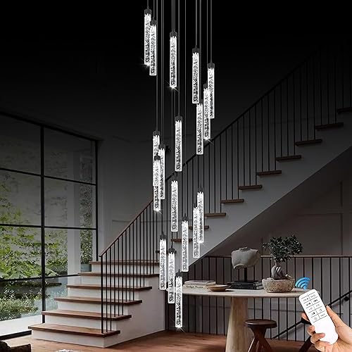 Miniatura 8 de H138'' Lámpara de araña de columna de burbujas de cristal, color negro, 18 luces de techo para entrada de vestíbulo, techo inclinado, iluminación