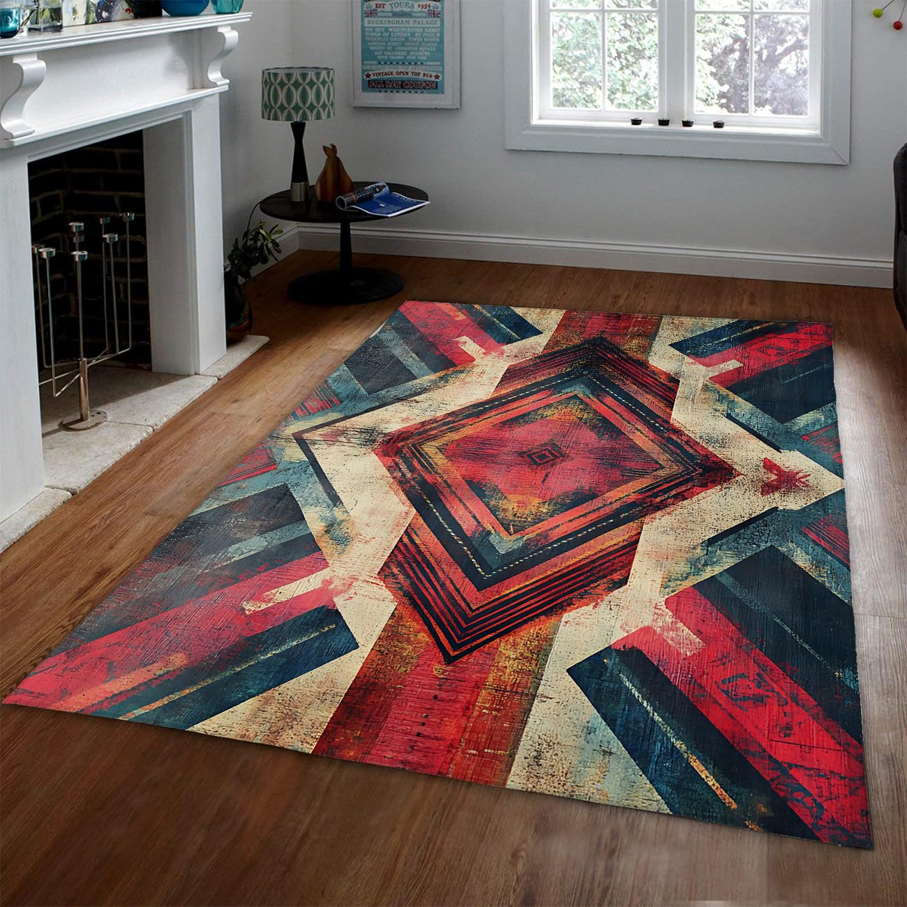 Tapis géométrique salon grand format 90x180 antidérapant ethnique