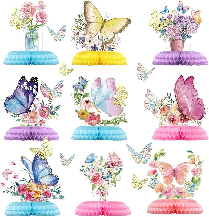 Fangleland Lot de 34 décorations de fête d'anniversaire papillon pour fille – Ballons violets, toile de fond « Happy Birthday », grande nappe, décorations de gâteaux et cupcakes