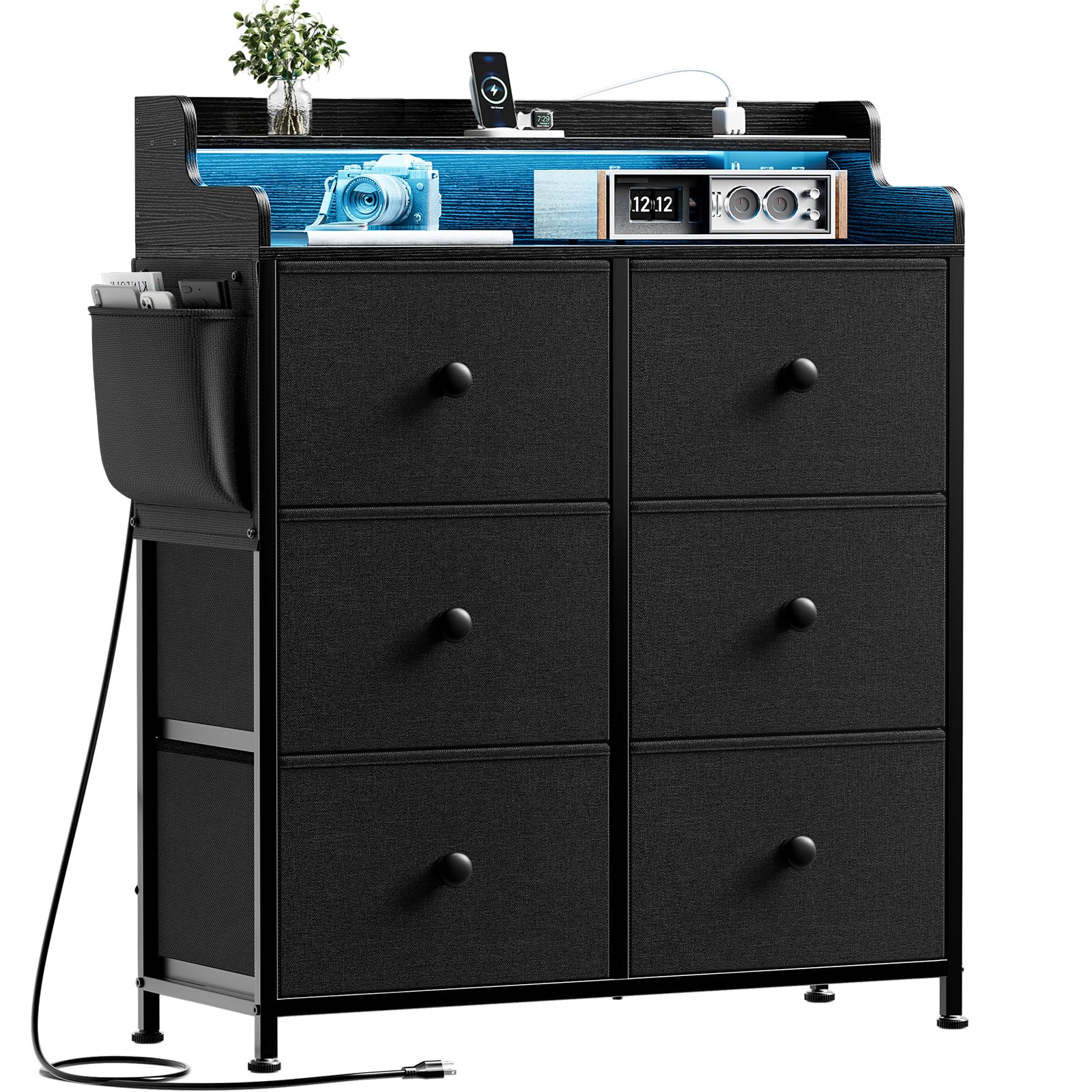 REAHOME 6 Drawers Dresser for Bedroom with Charging Station and LED Lights, TV Stand with Wooden Top, Tall Chest of Drawer with Sturdy Frame for Closet, Living Room, Hallway