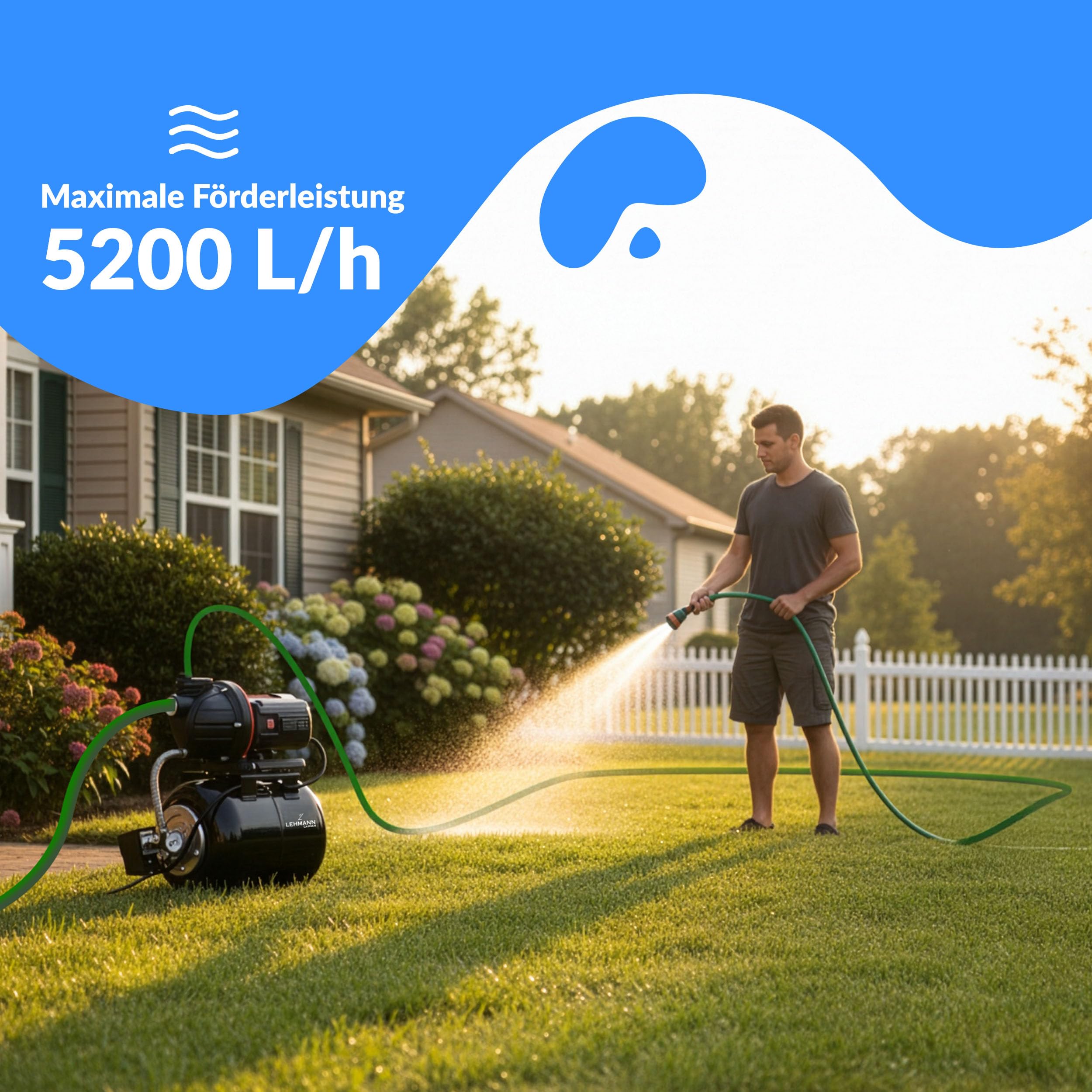 LEHMANN Hauswasserwerk HP1, 800 W, 5200 l/h, 19 L Edelstahldruckkessel, 43 m Förderhöhe, wartungsfreier Motor, selbstansaugend, Trockenlaufschutz, Überhitzungsschutz, Filter & Manometer, Schwarz