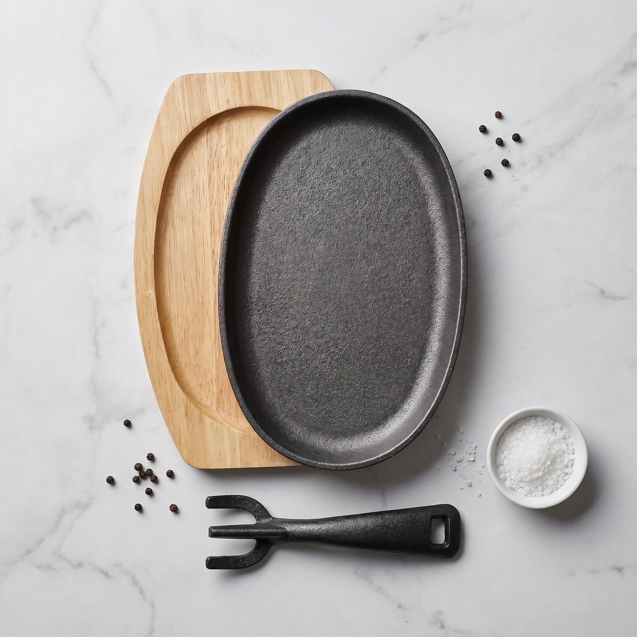 Operitacx Plaque de cuisson pour fajitas : Poêle à fajitas avec base en bois - Poêle ovale - Plaque de service et support pour teppanyaki, idéale pour les restaurants et les barbecues.