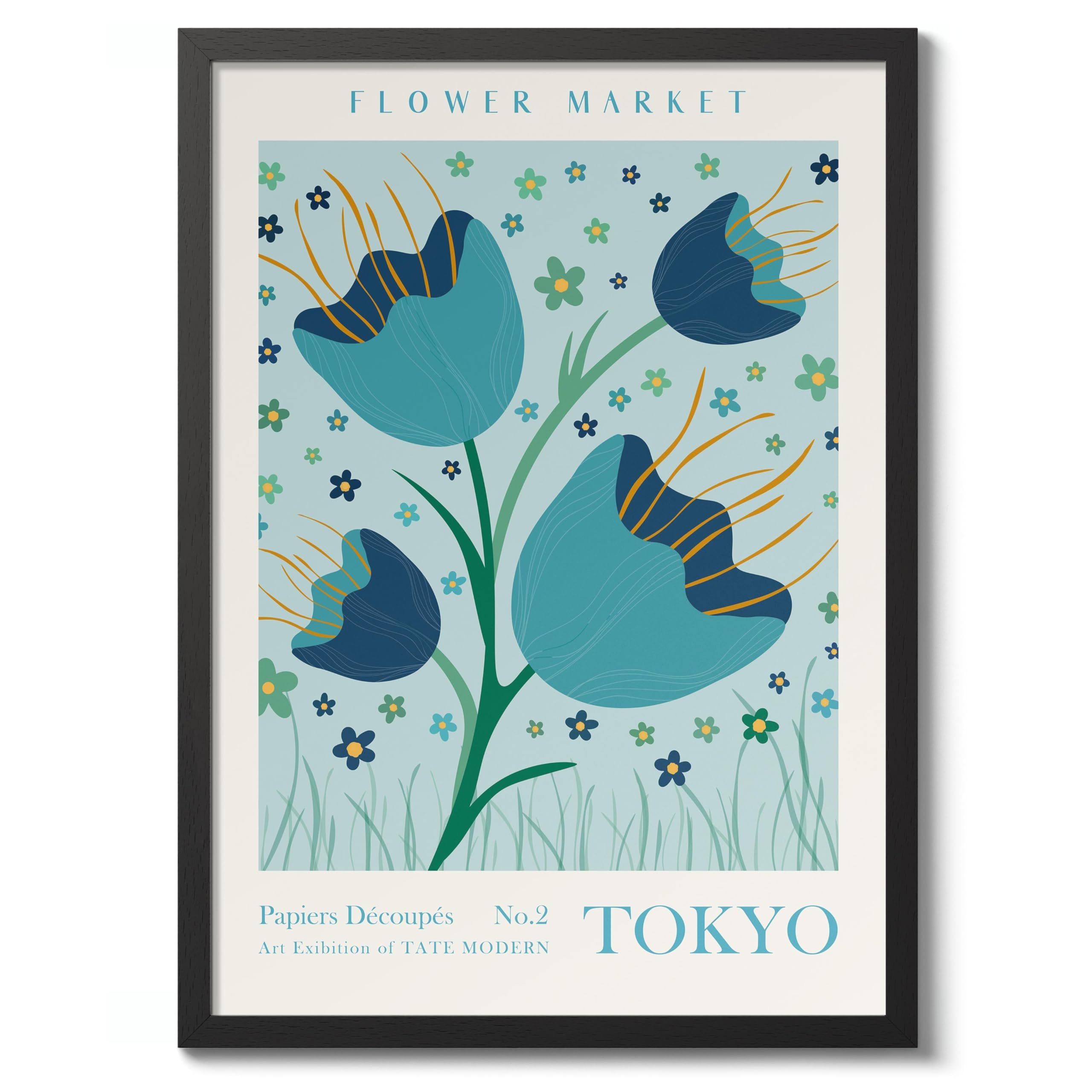 Tokyo Flower Market Flower Market Poster Floral Wall Decor Print Abstract Colourful Minimalist Travel Bedroom Art, Archival Matte, A4 (Black Frame) - 29.7x21cm
