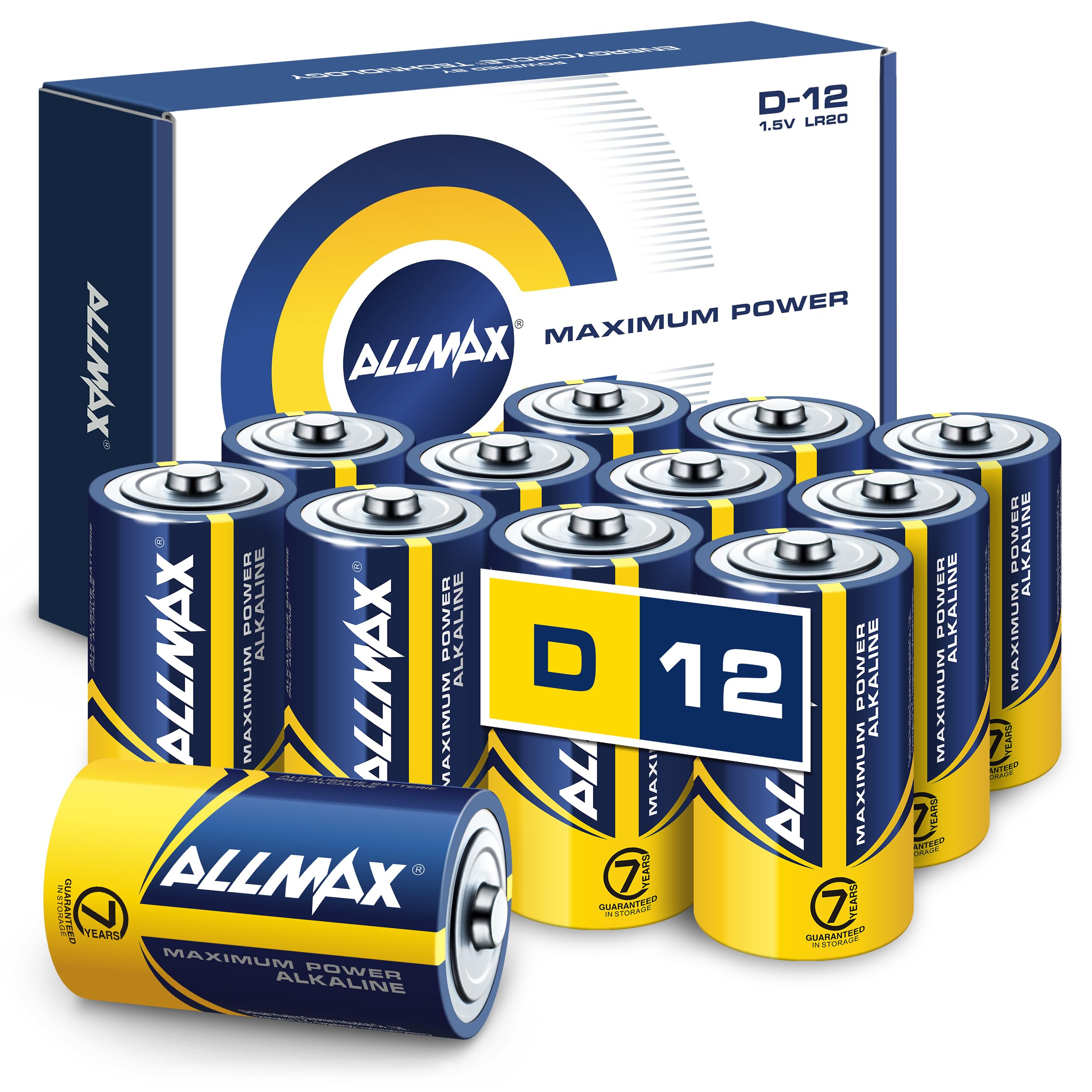 Allmax D Maximum Power Alkaline Batteries (12 Count) – Ultra Long-Lasting, Leakproof Design, 7-Year Shelf Life, Maximum Performance (1.5V)