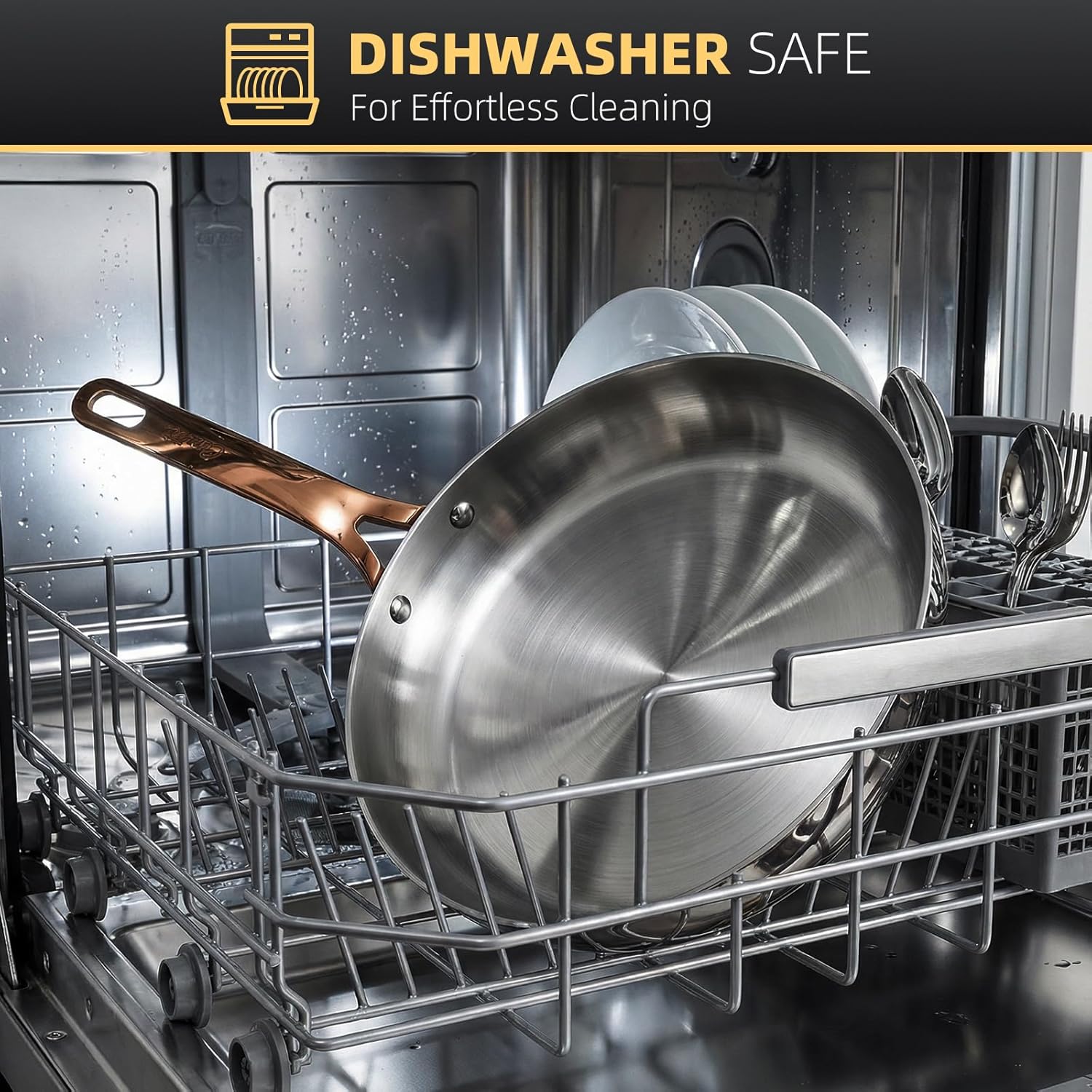 9.5 Inch Frying Pan, Upgraded Tri-Ply Stainless Steel Skillet, Stay-Cool Brass Handle, Polished Stainless Steel Pan for Easy Clean, Oven and Dishwasher Safe, Induction & All Stove Compatible