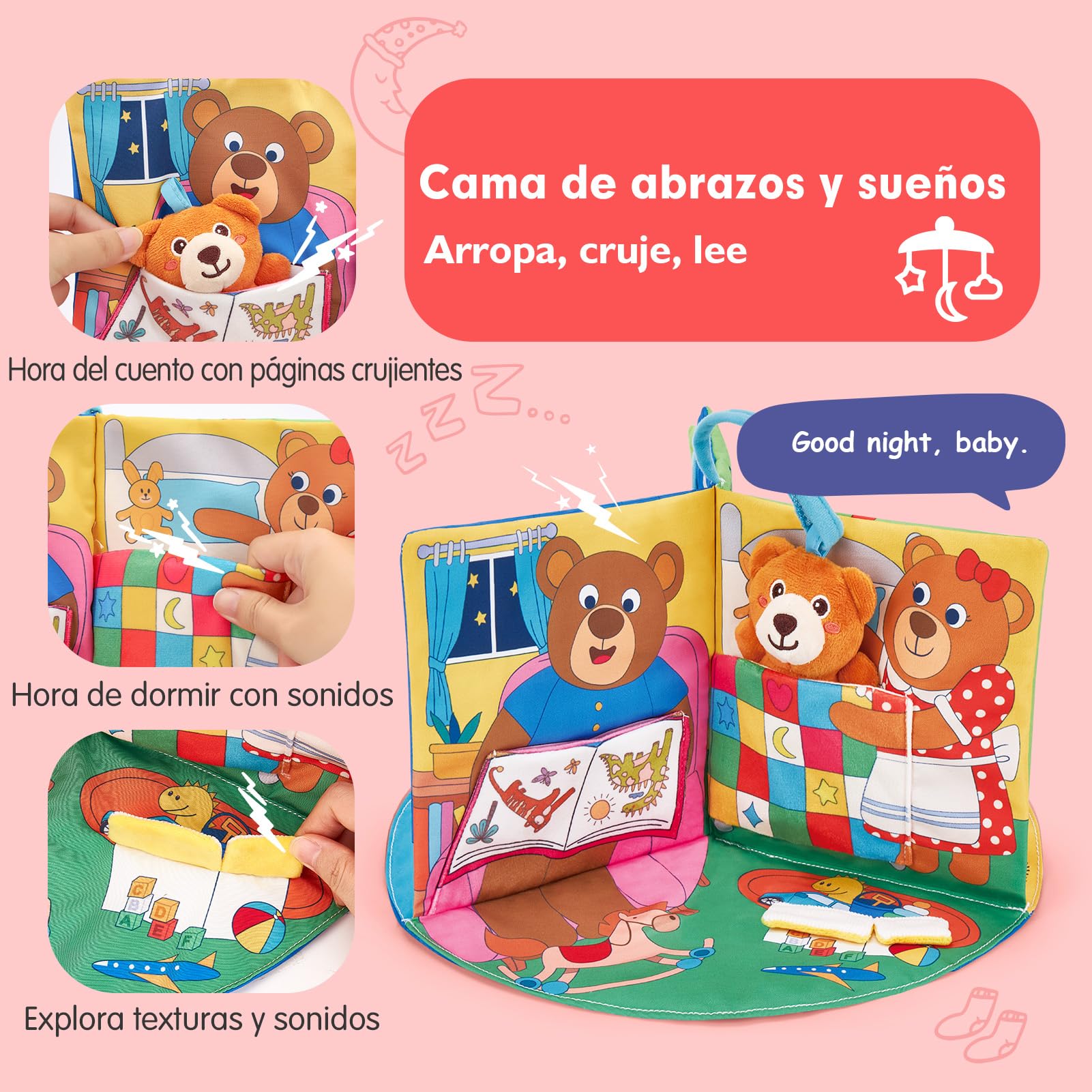 hahaland Libro Bebe Interactivo Juguetes Bebes 0 3 6 Meses, 3 en 1 Libro de Tela Blandos para Bebe Recien Nacido, Libro Sensorial Suave de Actividades - Tummy Time Regalos Bebes 1 Años