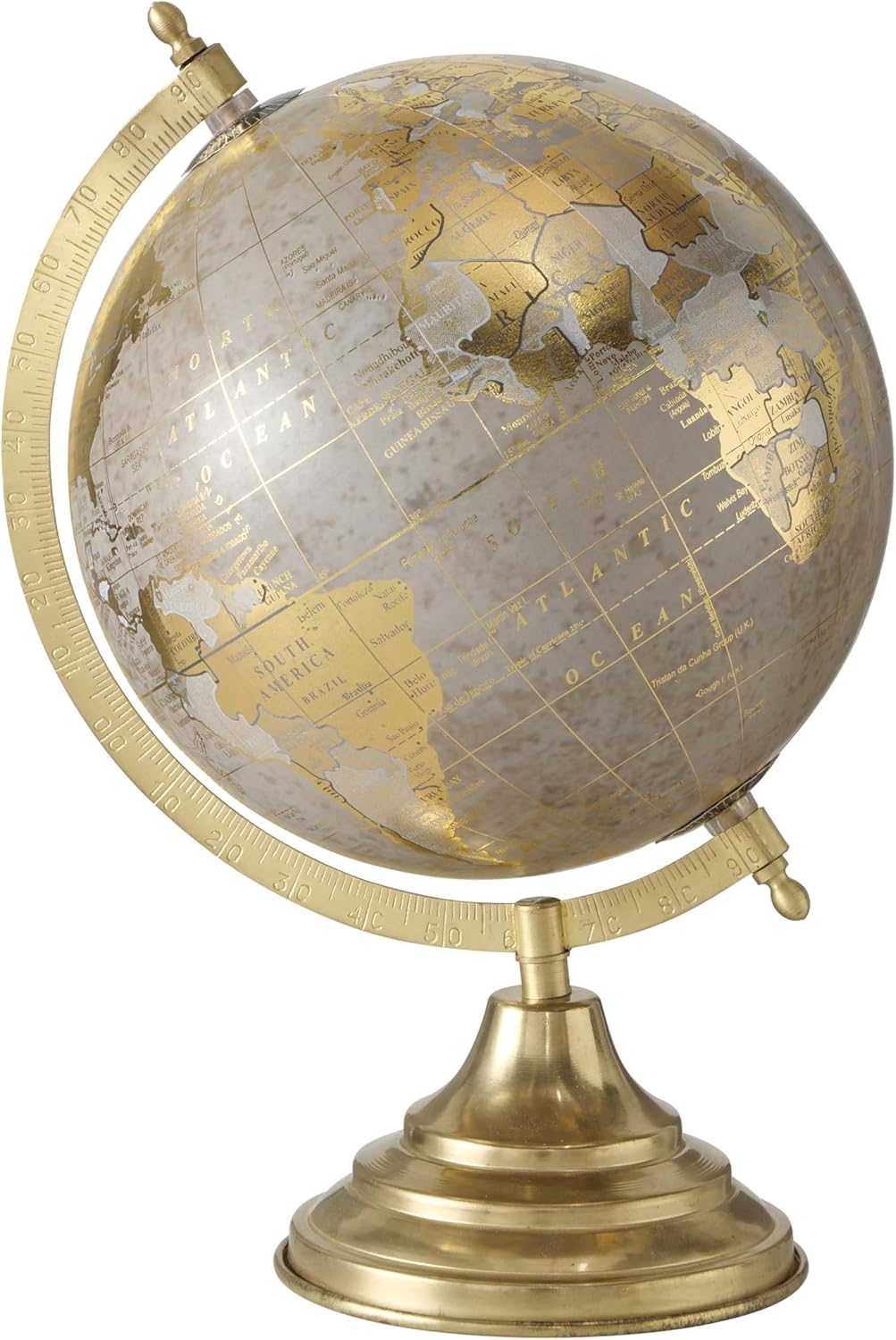 Explorers Globe, Grey With Gold Accents, Longitudes and Latitudes, Iron Crescent Stand, Round Pedestal Base, 12.25 Inches