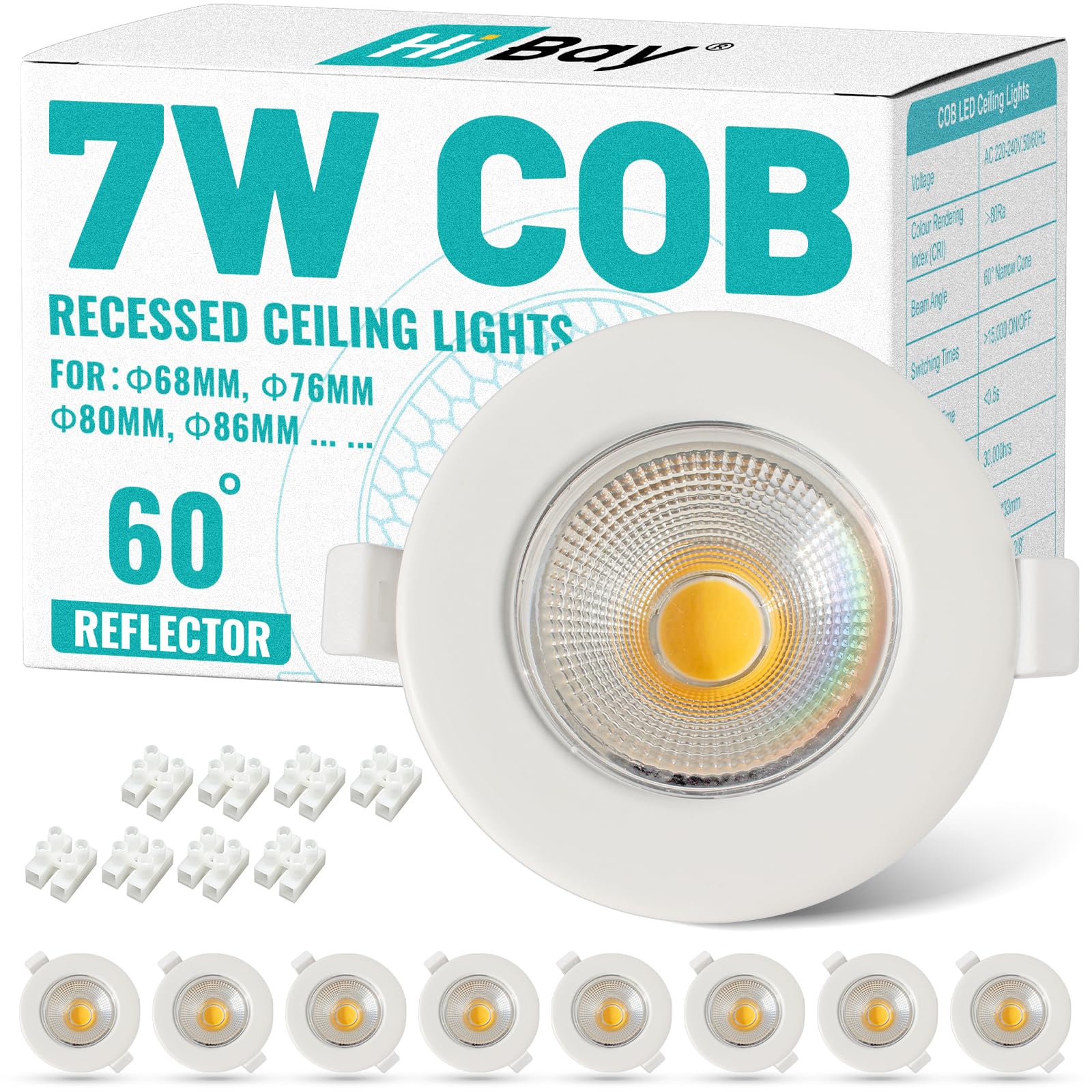 HiBay 8X Ultra Slim LED Downlights 7W Warm White Spot Lights Ceiling COB Round White Spotlight for Bedroom, Living Room, Kitchen, Cutout Ø65-88mm, 240V 600LM
