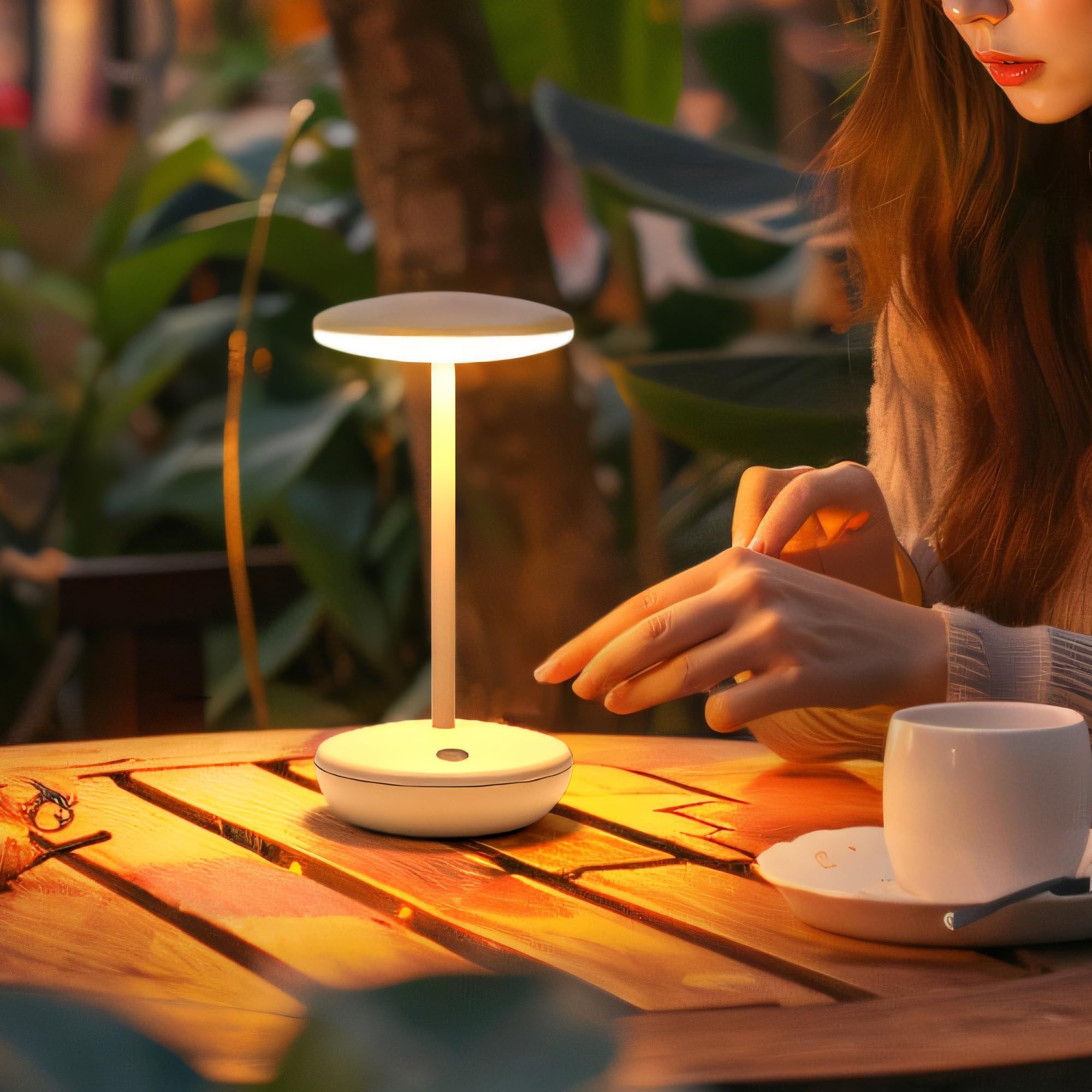 Wireless Outdoor Table Lamps,Waterproof Rechargeable Patio Table Lamp,Touching Dimming 3 Colors,2200mAh,Garden Table Lamp,Restaurant Table Light,Warm White,Dinner,Party,Café,Hotel,Aluminium,Matt Cream